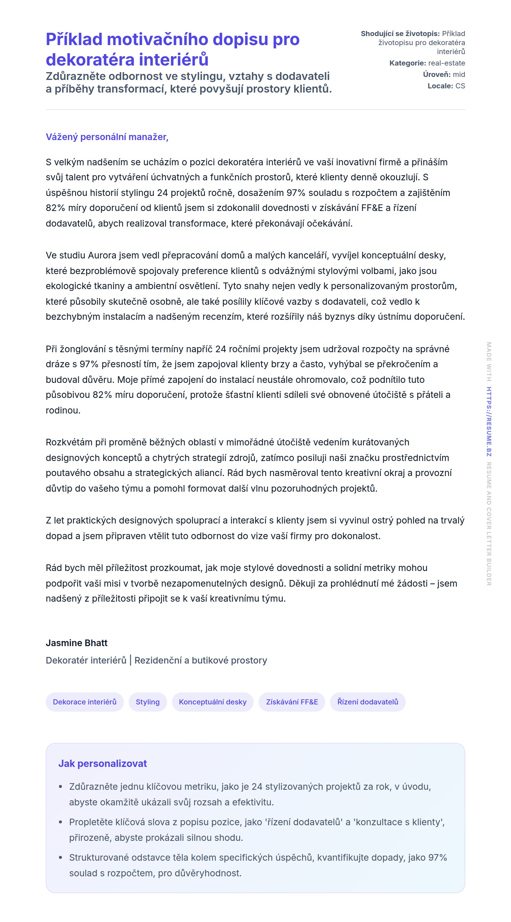 Náhled motivačního dopisu pro Příklad motivačního dopisu pro dekoratéra interiérů
