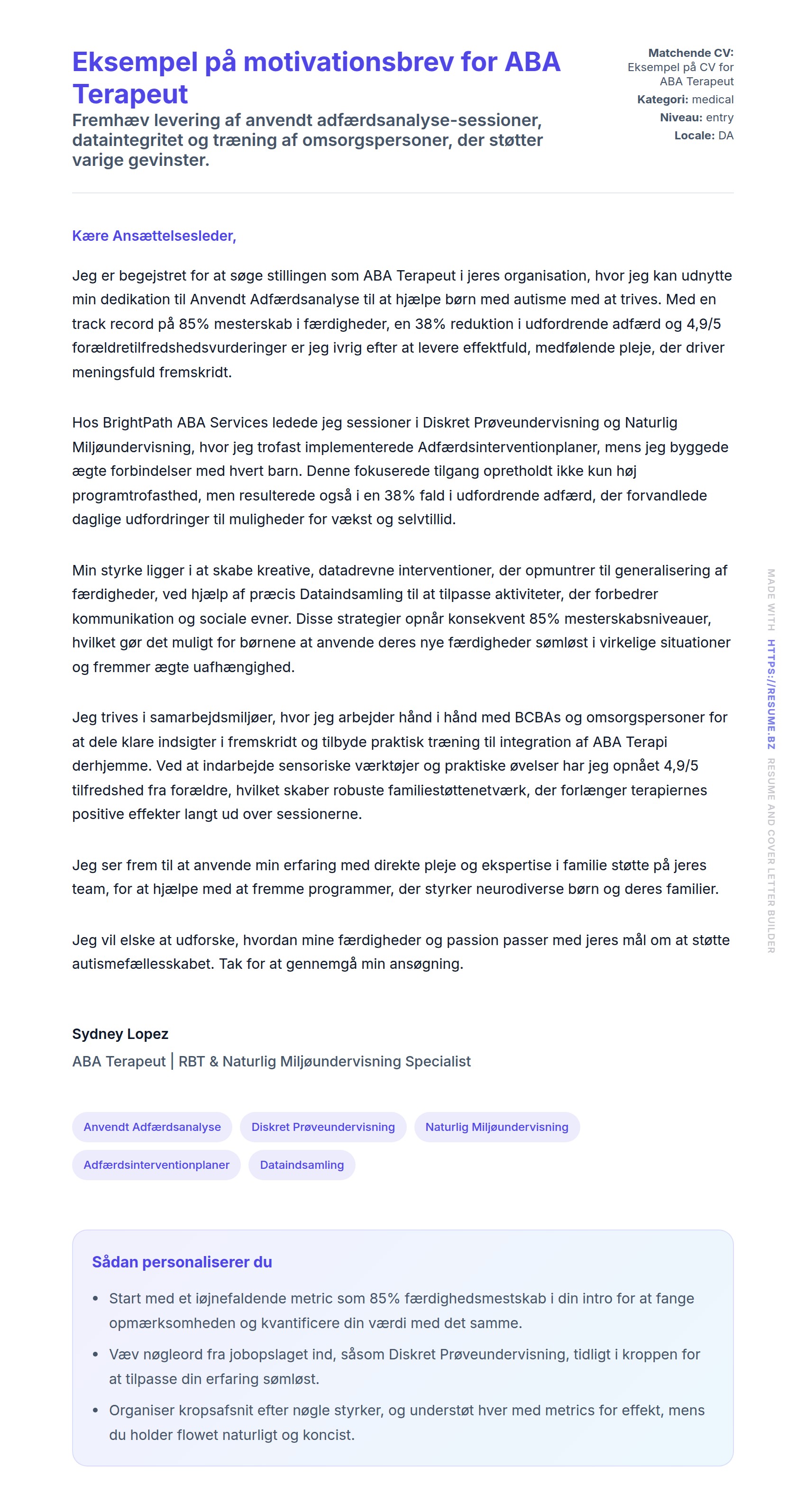 Ansøgningsbrev forhåndsvisning for Eksempel på motivationsbrev for ABA Terapeut