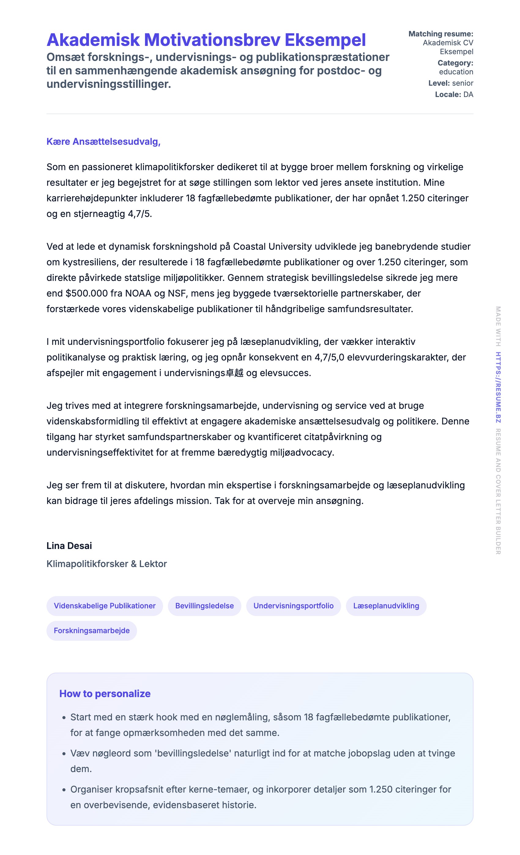 Ansøgningsbrev forhåndsvisning for Akademisk Motivationsbrev Eksempel