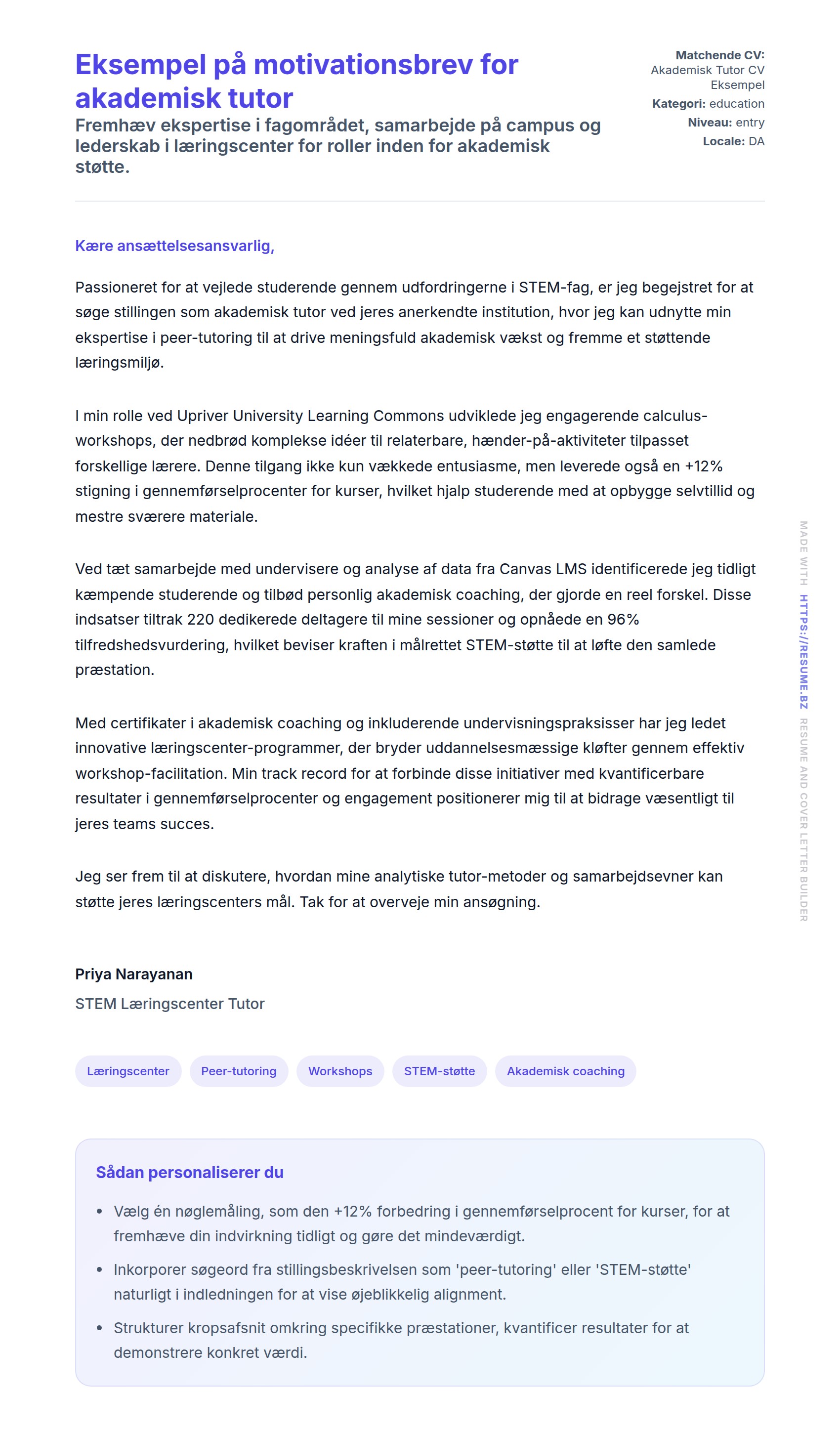 Ansøgningsbrev forhåndsvisning for Eksempel på motivationsbrev for akademisk tutor