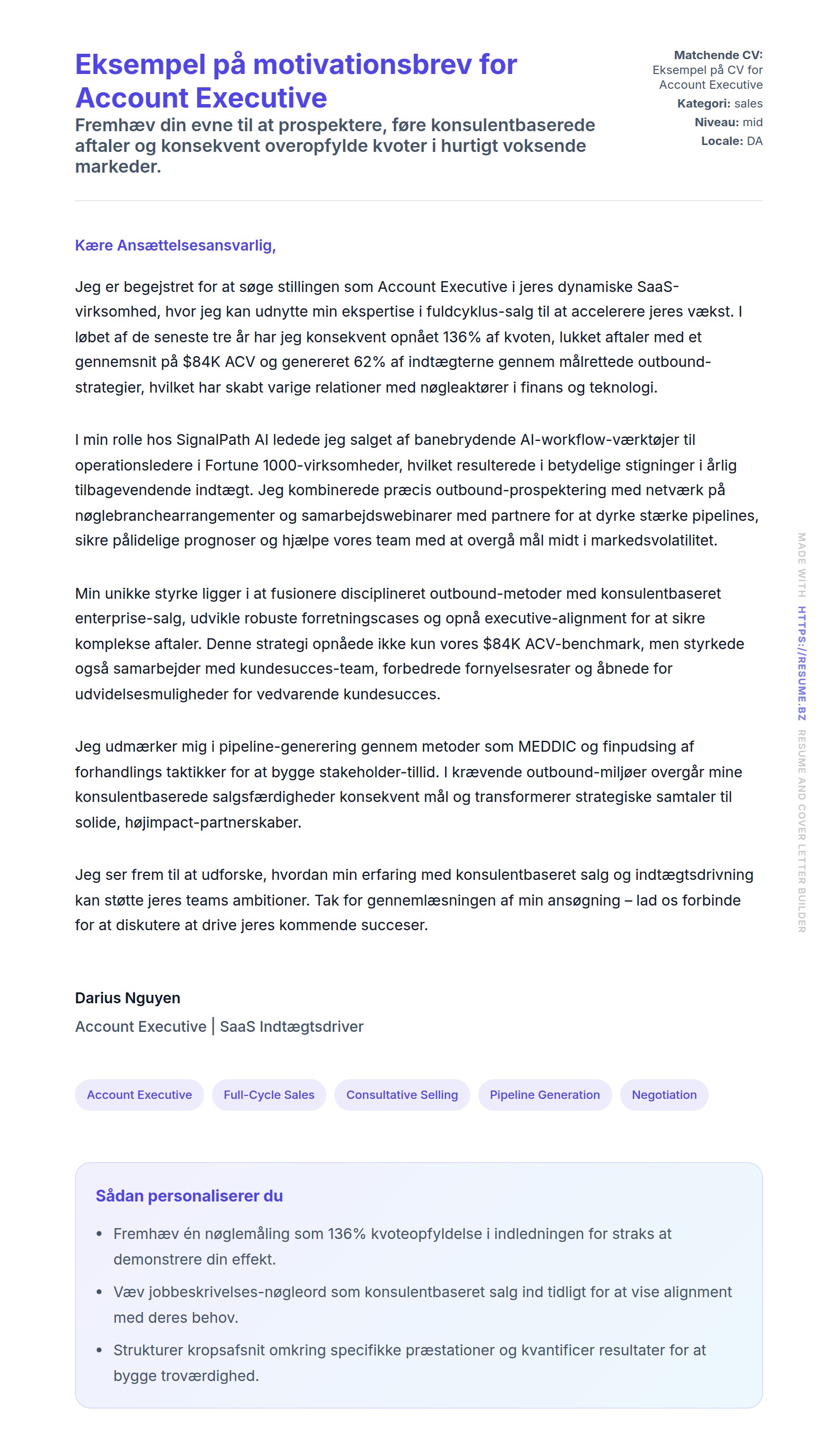 Ansøgningsbrev forhåndsvisning for Eksempel på motivationsbrev for Account Executive