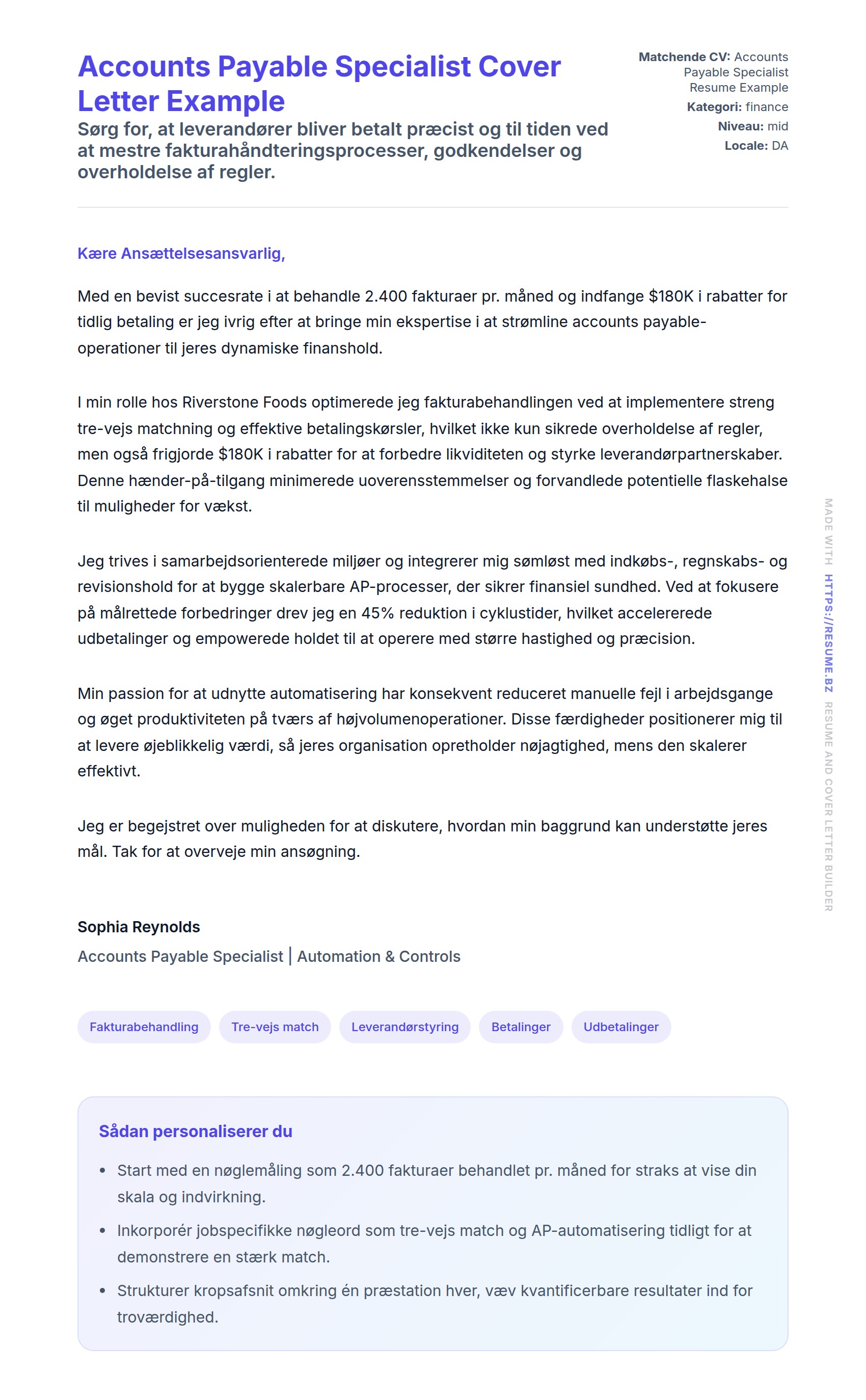Ansøgningsbrev forhåndsvisning for Accounts Payable Specialist Cover Letter Example
