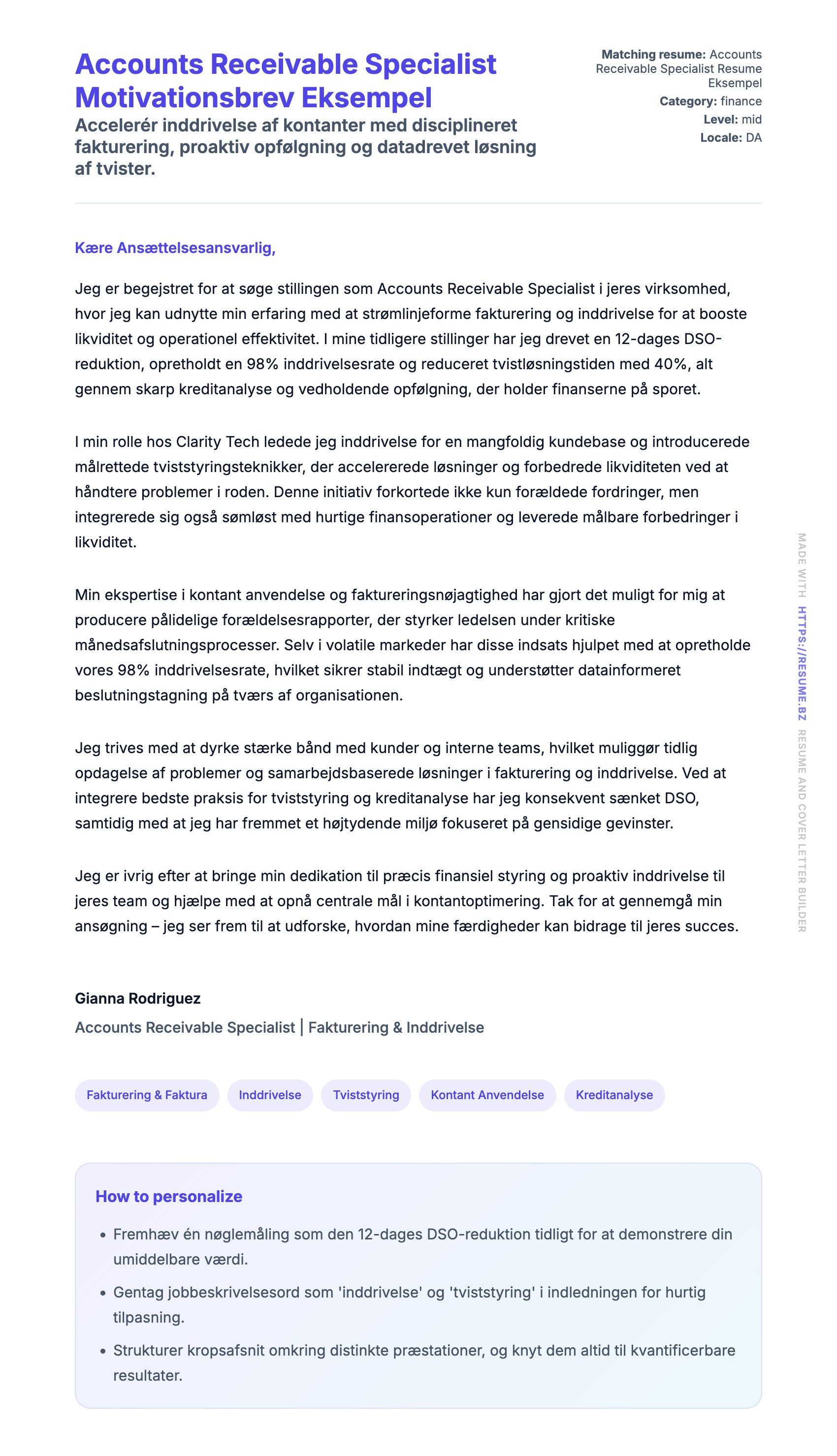Ansøgningsbrev forhåndsvisning for Accounts Receivable Specialist Motivationsbrev Eksempel