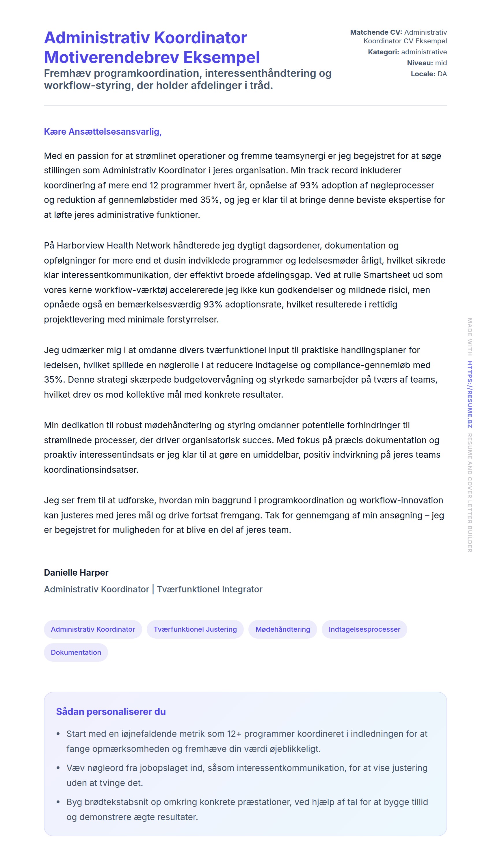 Ansøgningsbrev forhåndsvisning for Administrativ Koordinator Motiverendebrev Eksempel
