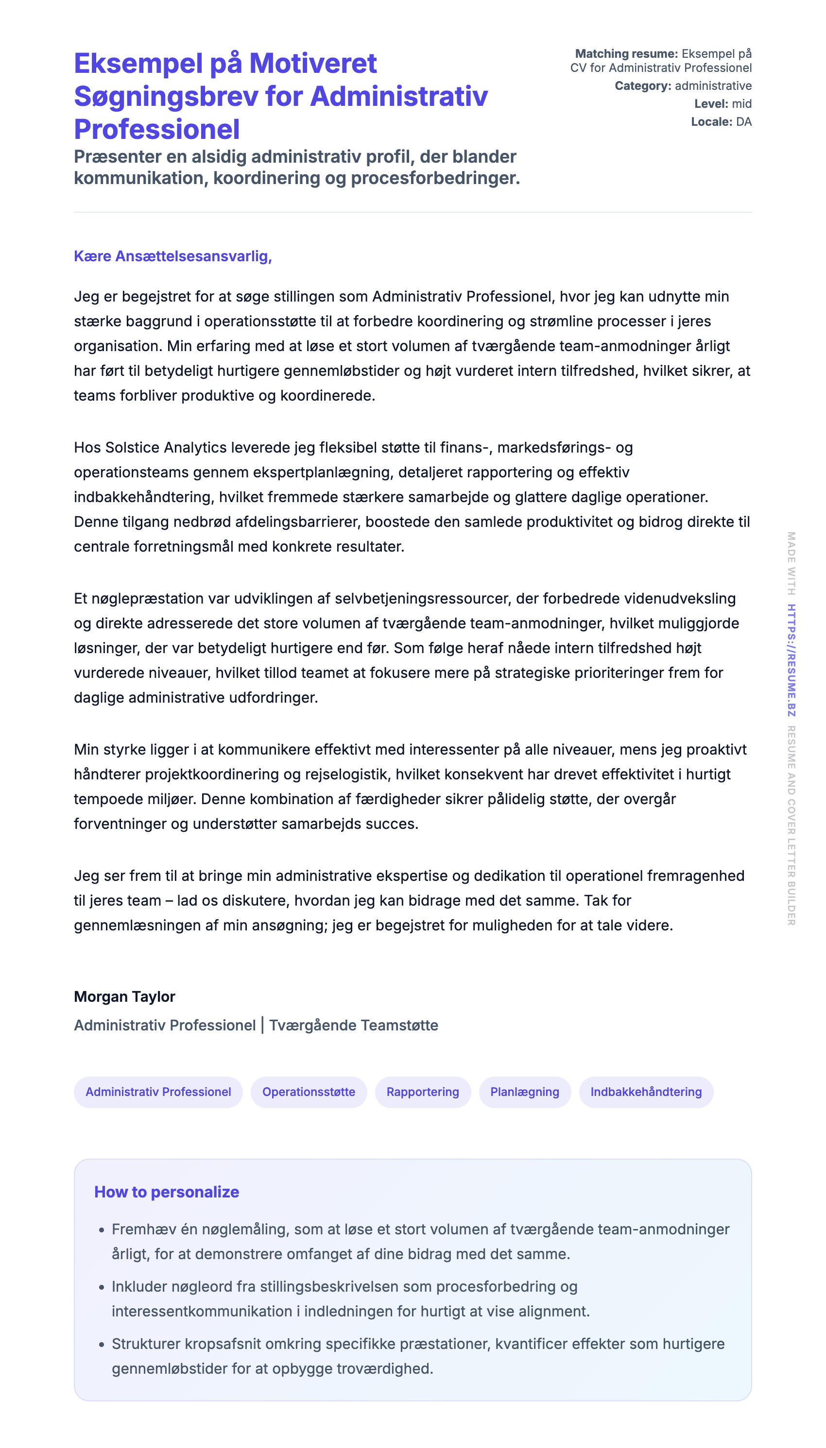 Ansøgningsbrev forhåndsvisning for Eksempel på Motiveret Søgningsbrev for Administrativ Professionel