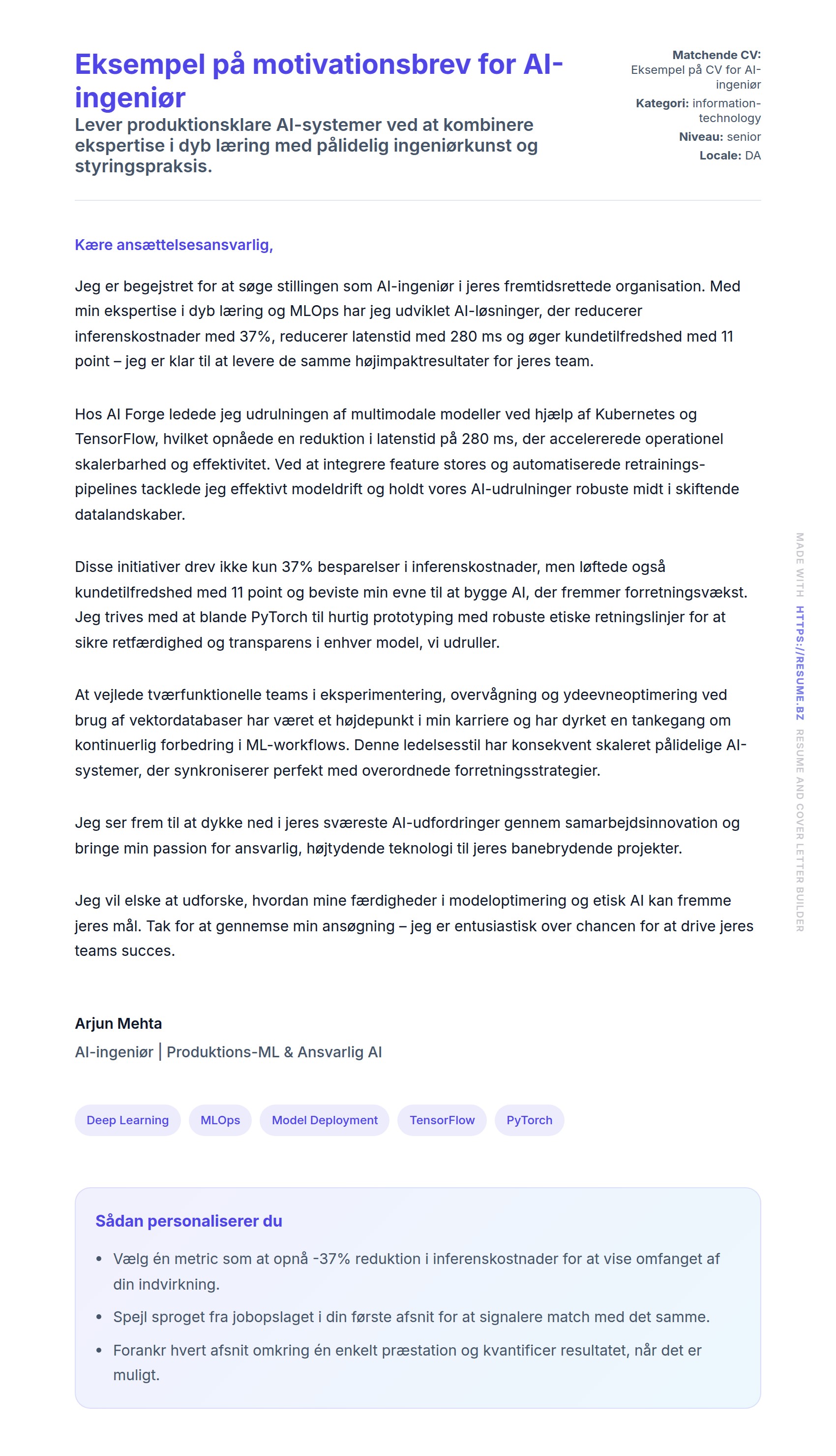 Ansøgningsbrev forhåndsvisning for Eksempel på motivationsbrev for AI-ingeniør