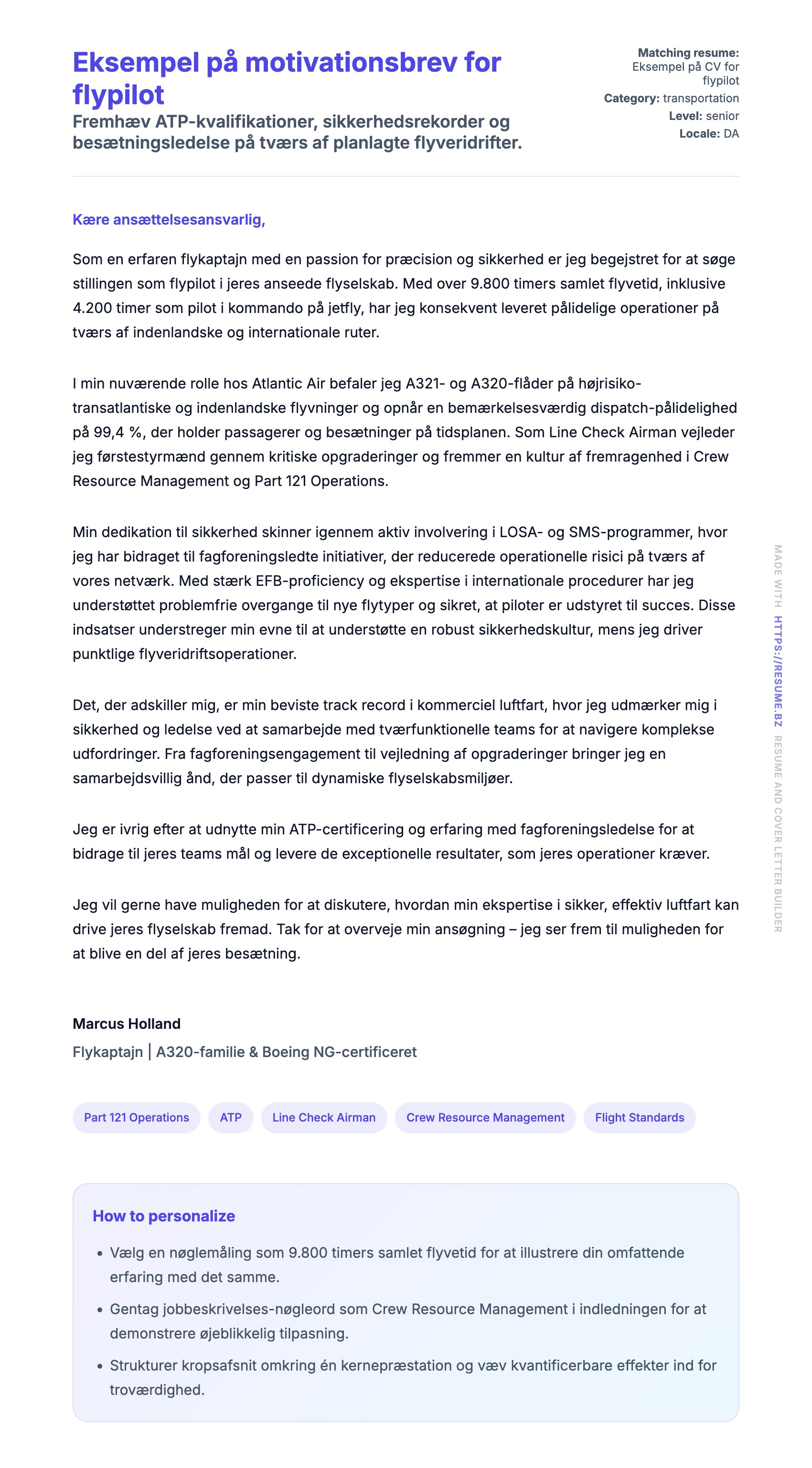 Ansøgningsbrev forhåndsvisning for Eksempel på motivationsbrev for flypilot