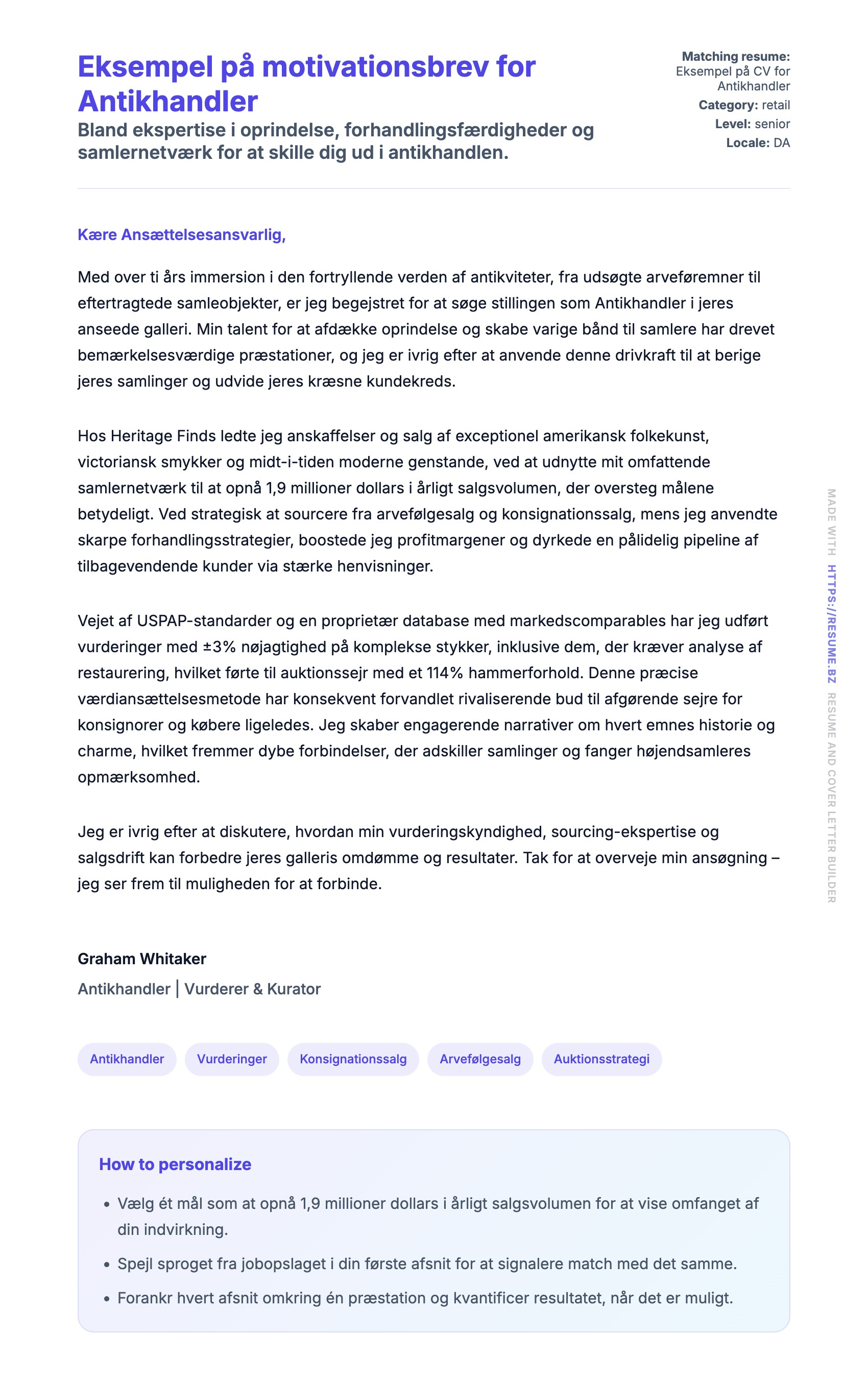 Ansøgningsbrev forhåndsvisning for Eksempel på motivationsbrev for Antikhandler
