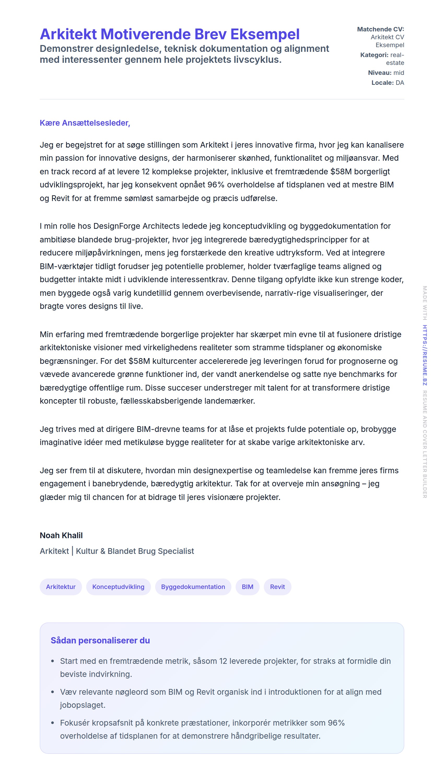 Arkitekt Motiverende Brev Eksempel