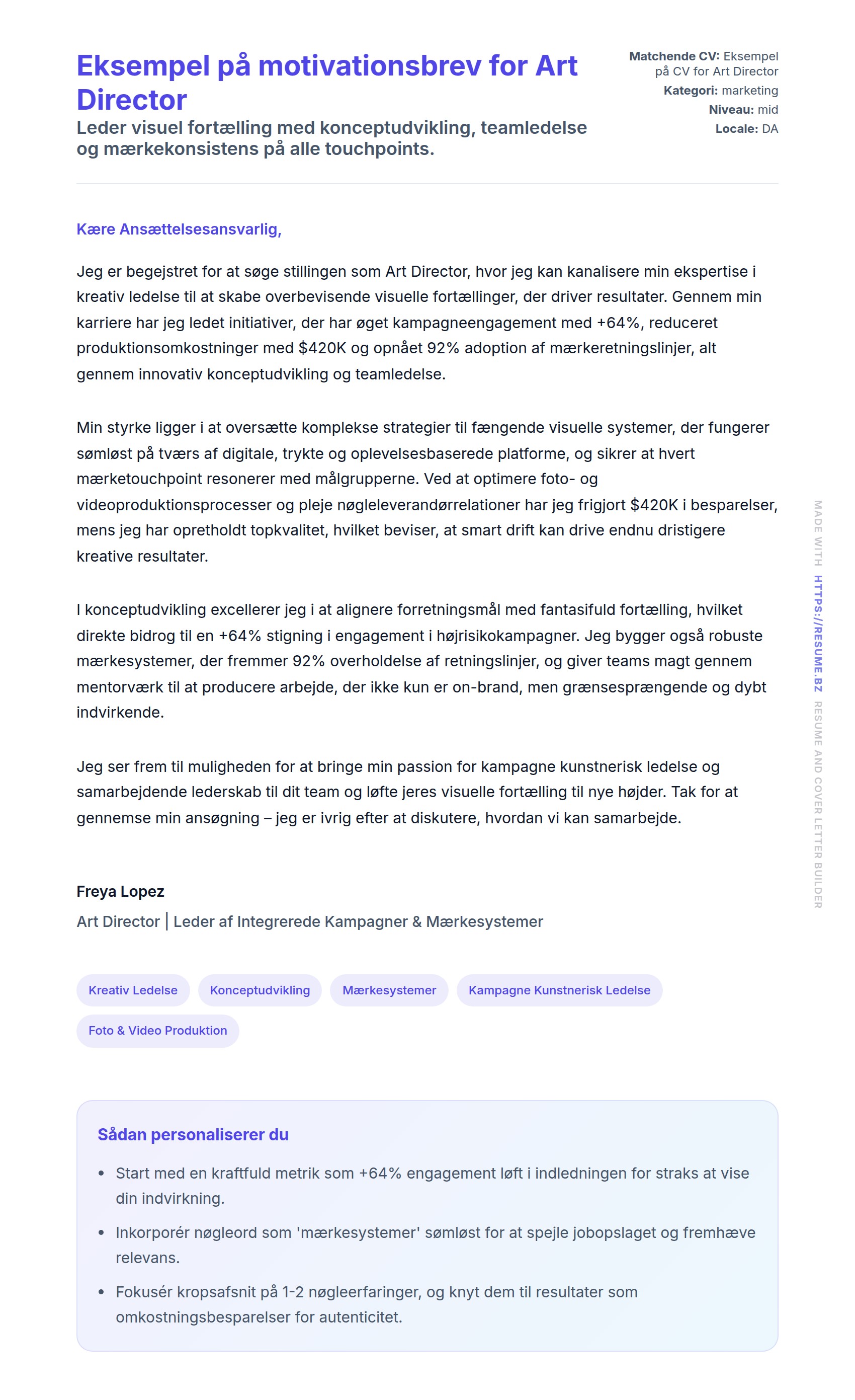 Ansøgningsbrev forhåndsvisning for Eksempel på motivationsbrev for Art Director