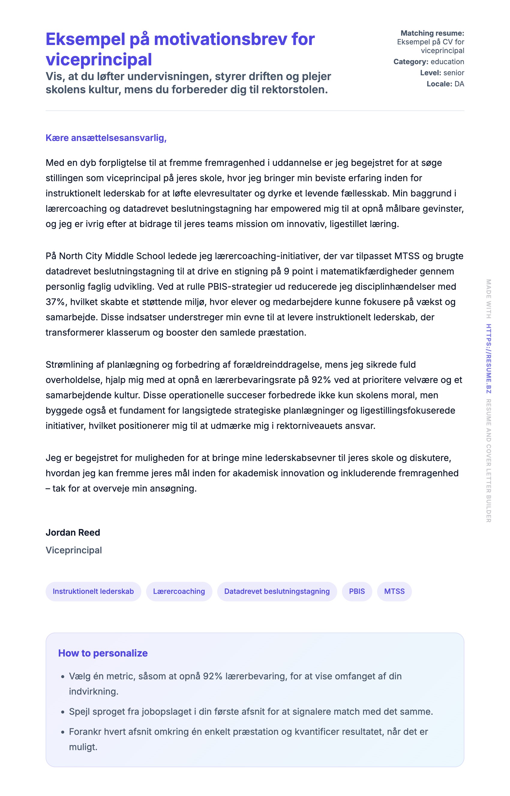 Ansøgningsbrev forhåndsvisning for Eksempel på motivationsbrev for viceprincipal