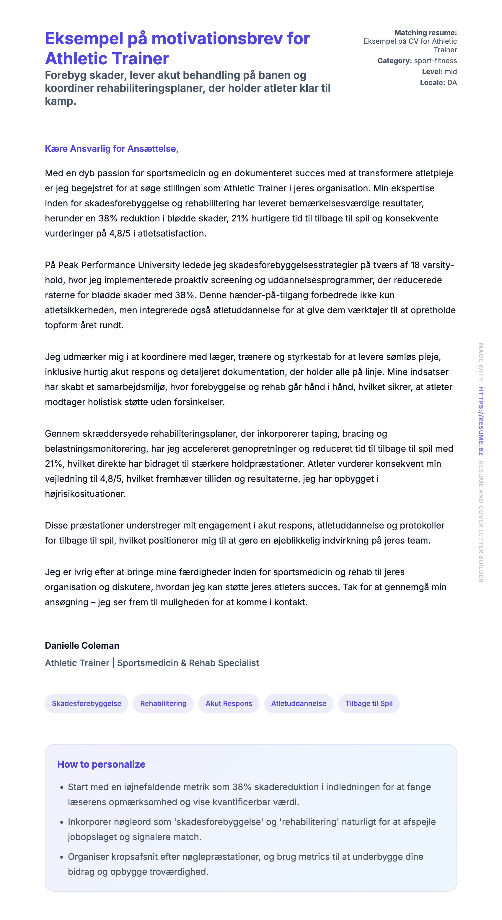 Ansøgningsbrev forhåndsvisning for Eksempel på motivationsbrev for Athletic Trainer