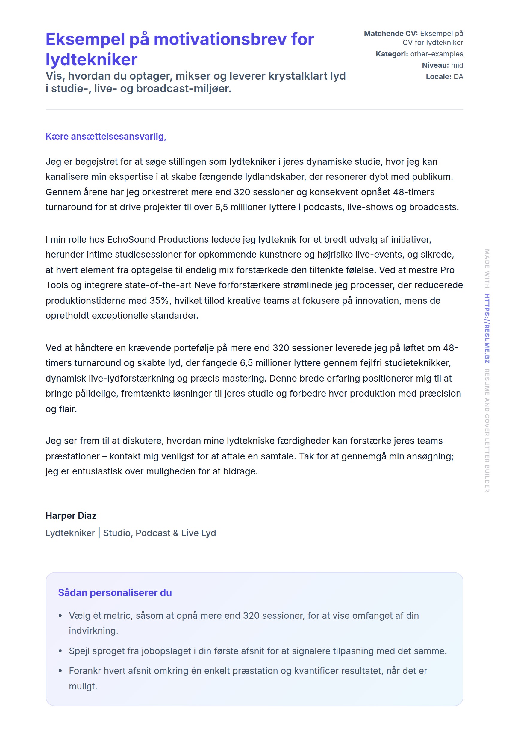 Ansøgningsbrev forhåndsvisning for Eksempel på motivationsbrev for lydtekniker