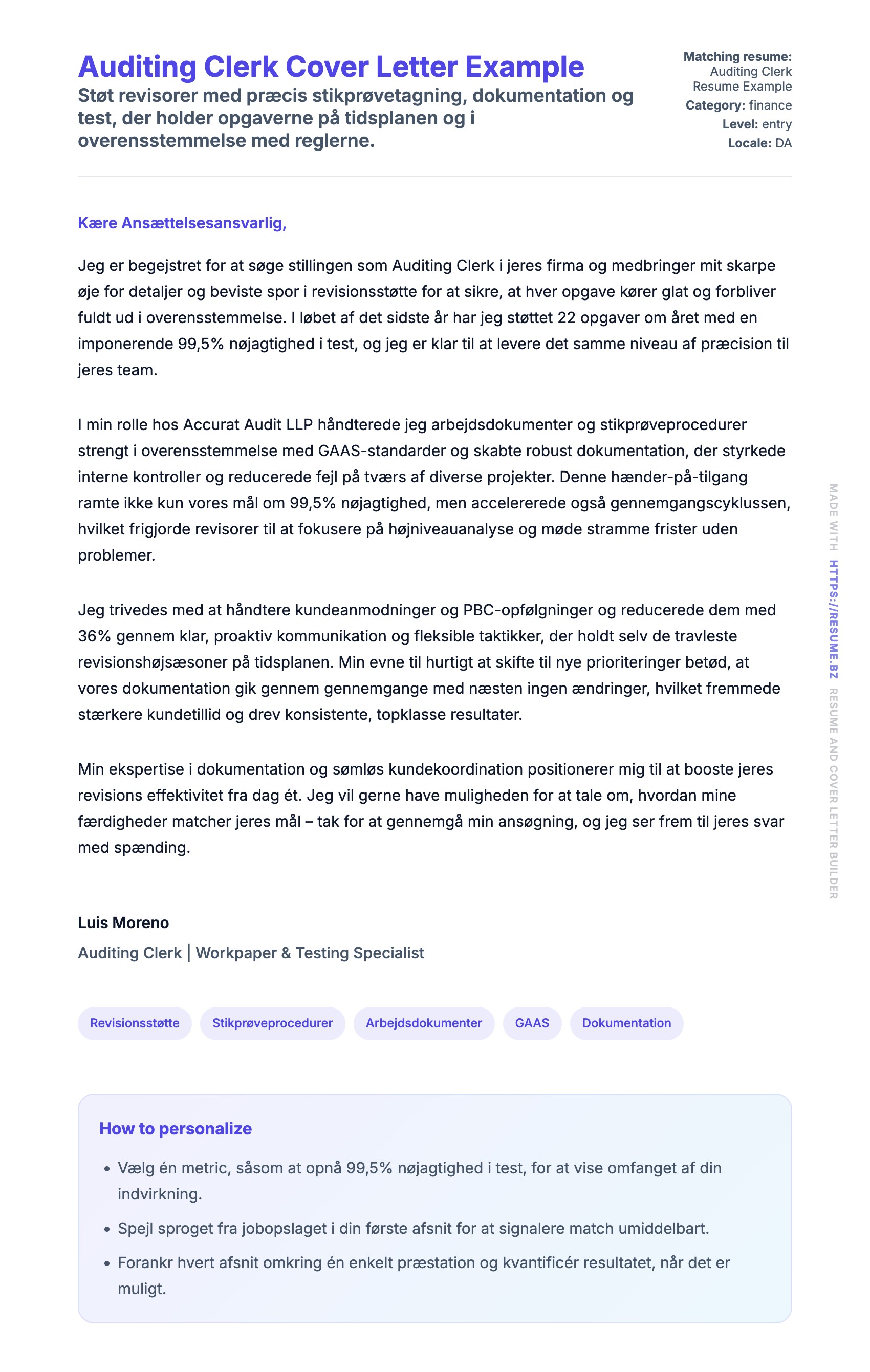 Ansøgningsbrev forhåndsvisning for Auditing Clerk Cover Letter Example