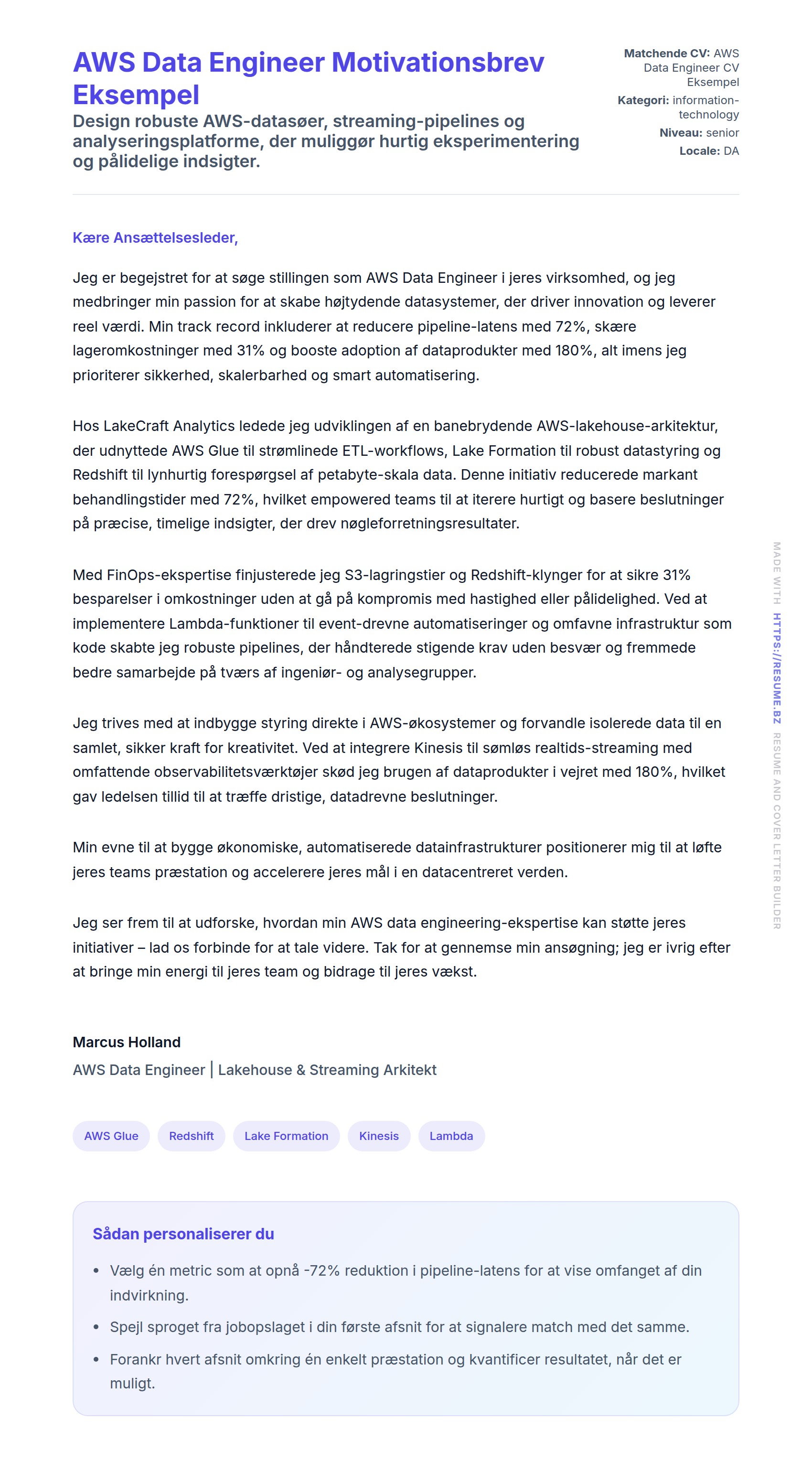 Ansøgningsbrev forhåndsvisning for AWS Data Engineer Motivationsbrev Eksempel