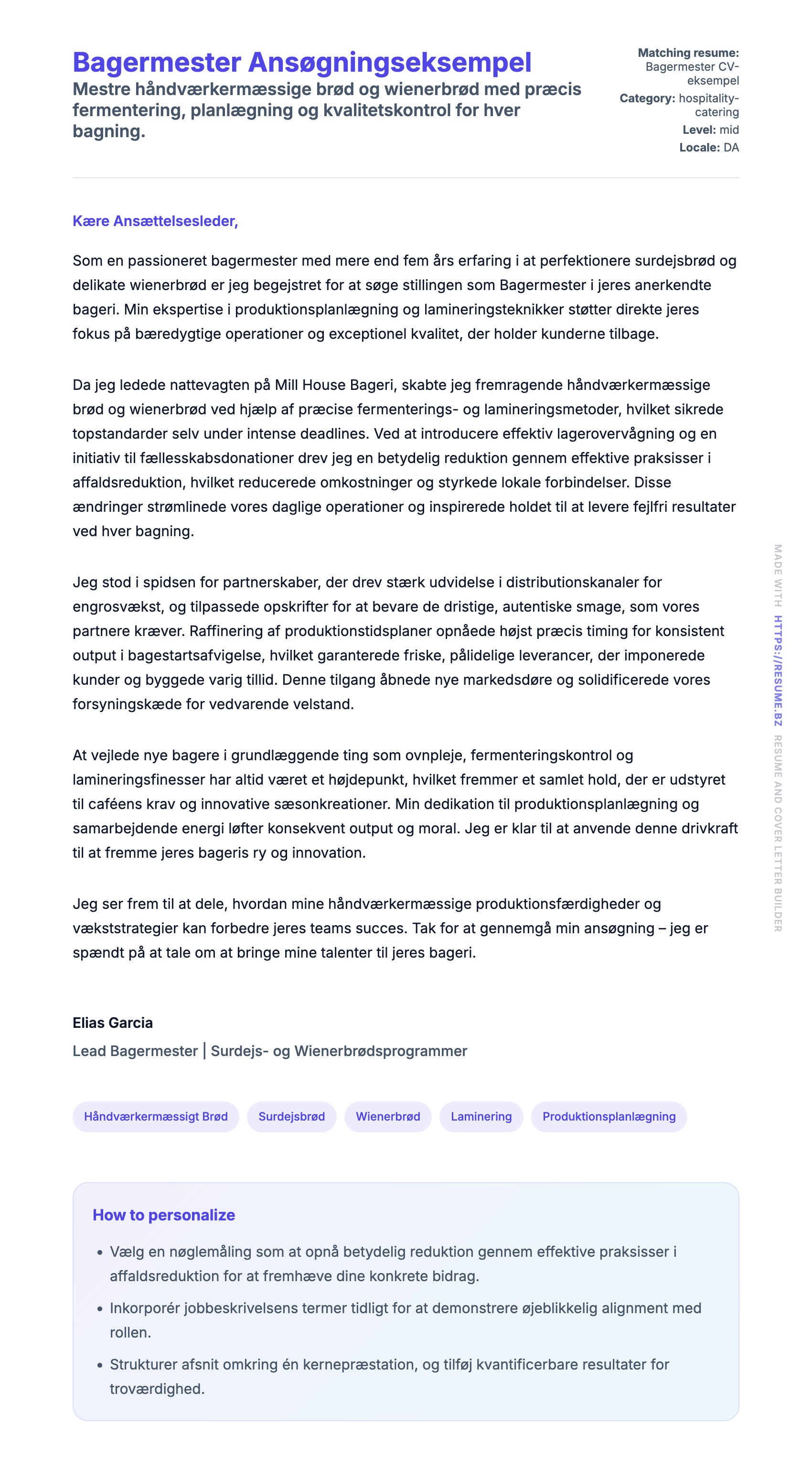 Ansøgningsbrev forhåndsvisning for Bagermester Ansøgningseksempel