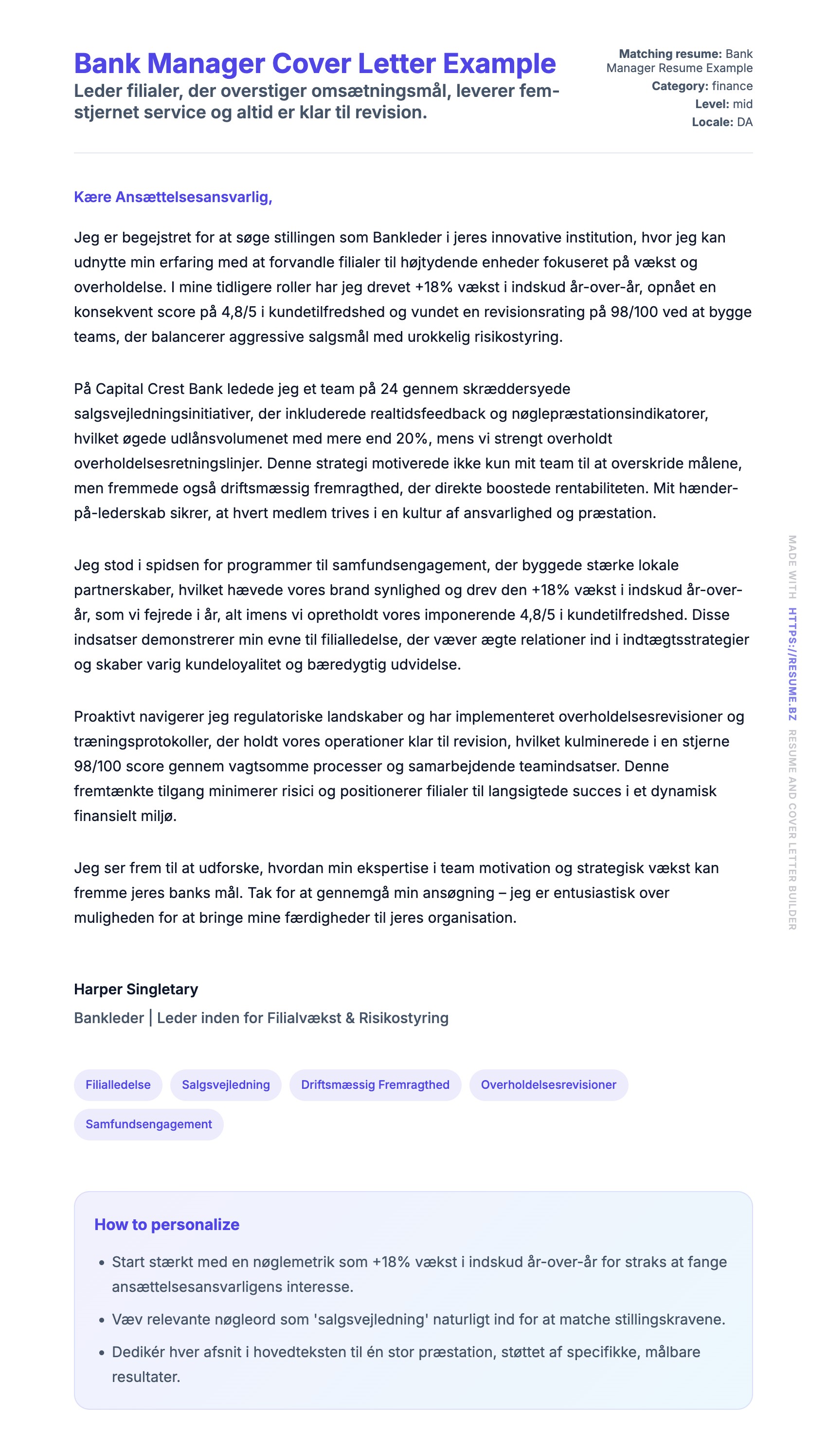 Ansøgningsbrev forhåndsvisning for Bank Manager Cover Letter Example