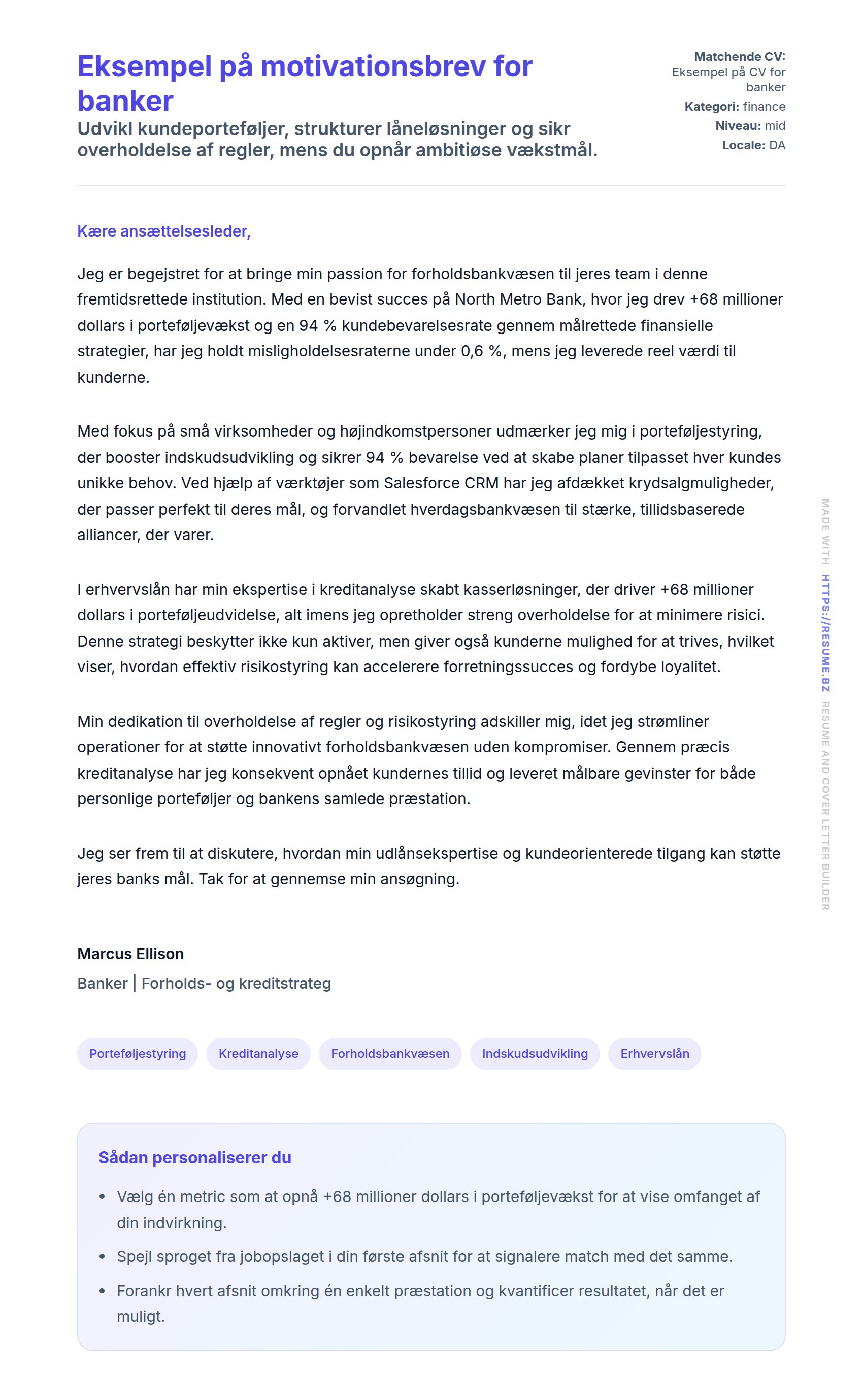 Ansøgningsbrev forhåndsvisning for Eksempel på motivationsbrev for banker