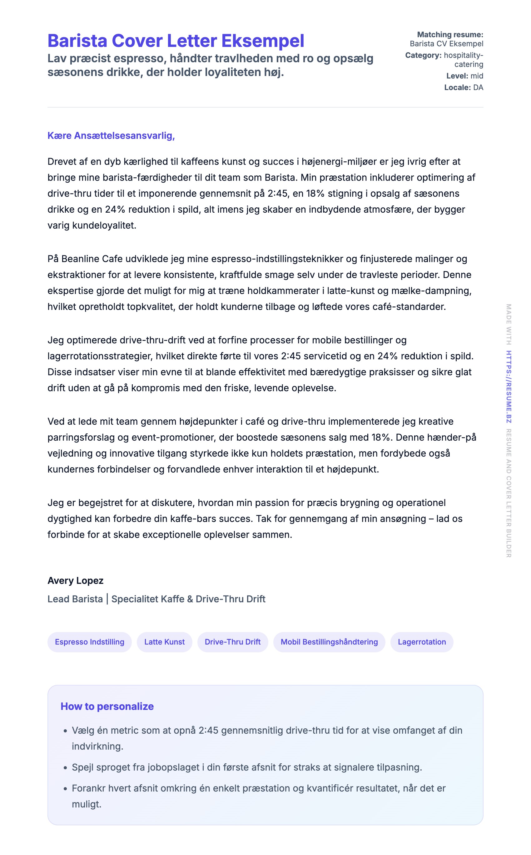 Ansøgningsbrev forhåndsvisning for Barista Cover Letter Eksempel