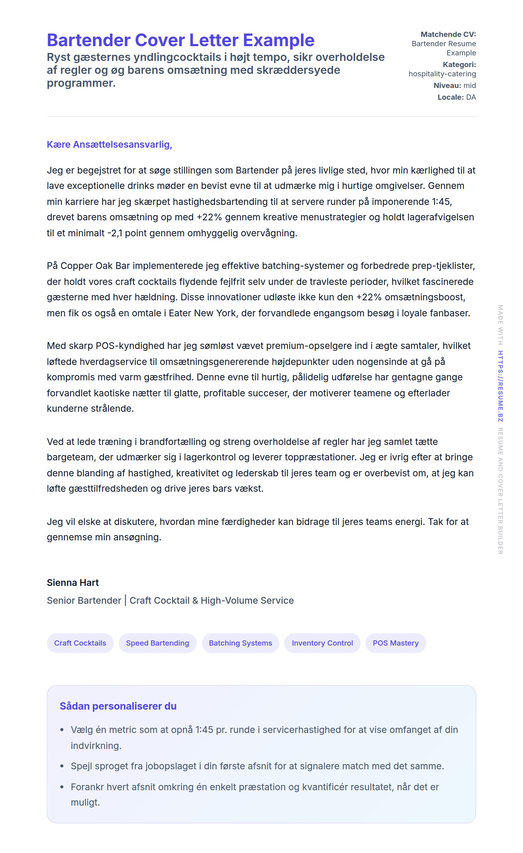 Ansøgningsbrev forhåndsvisning for Bartender Cover Letter Example