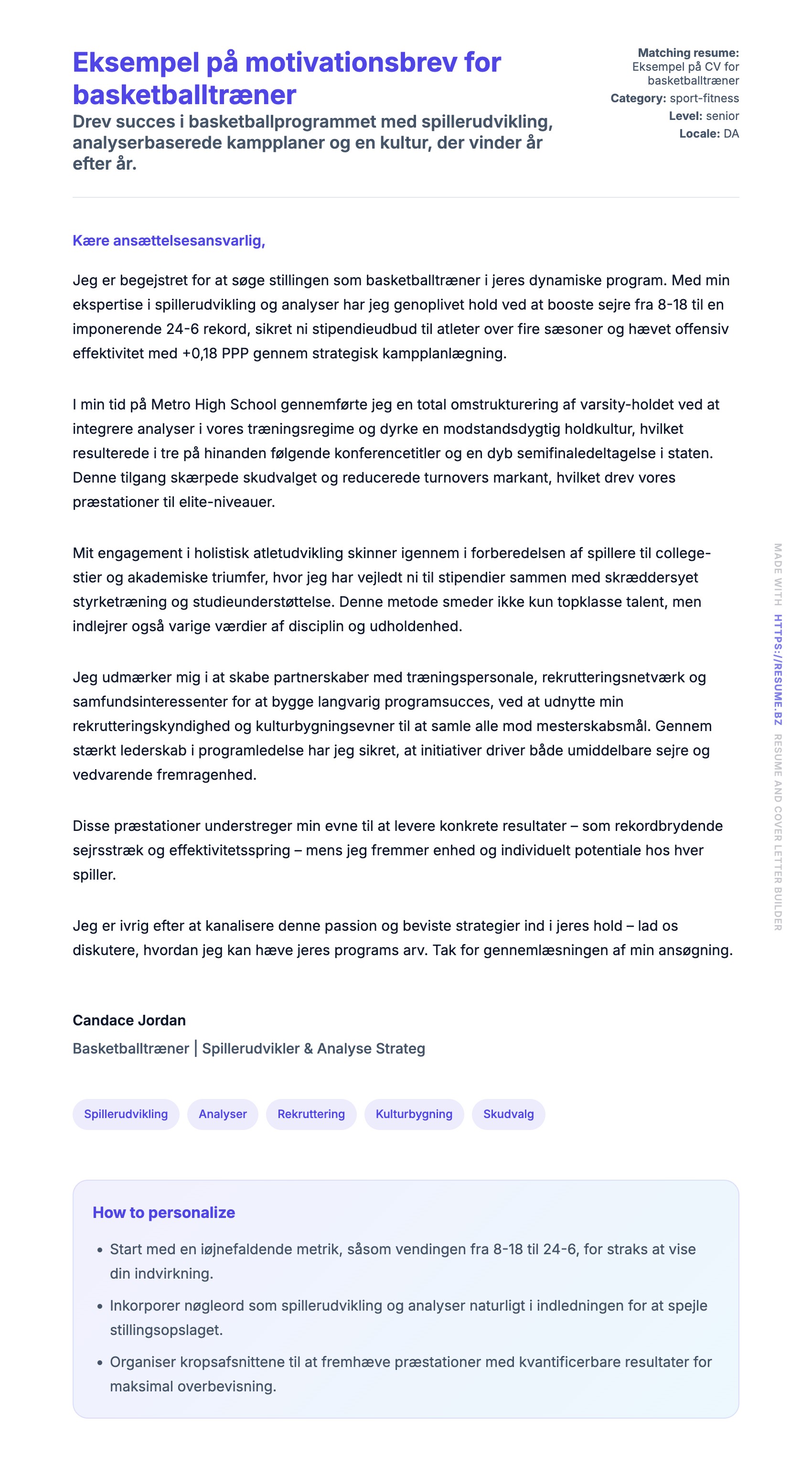 Ansøgningsbrev forhåndsvisning for Eksempel på motivationsbrev for basketballtræner