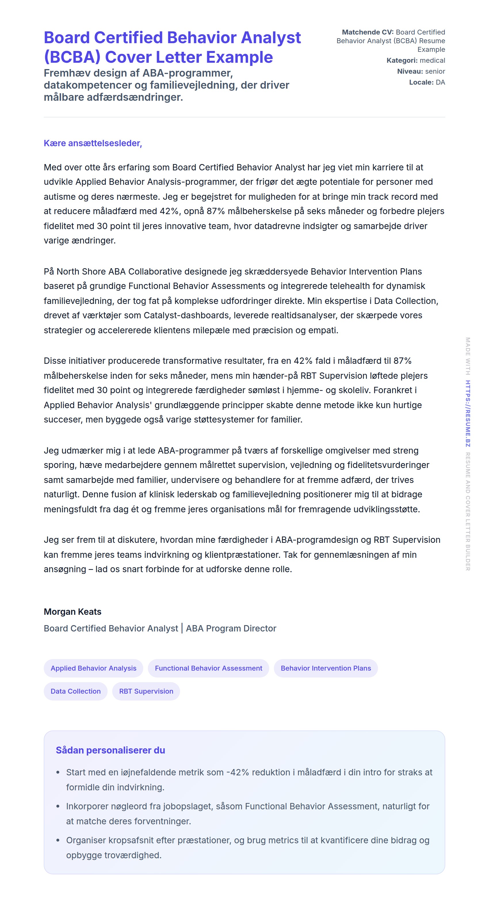 Ansøgningsbrev forhåndsvisning for Board Certified Behavior Analyst (BCBA) Cover Letter Example
