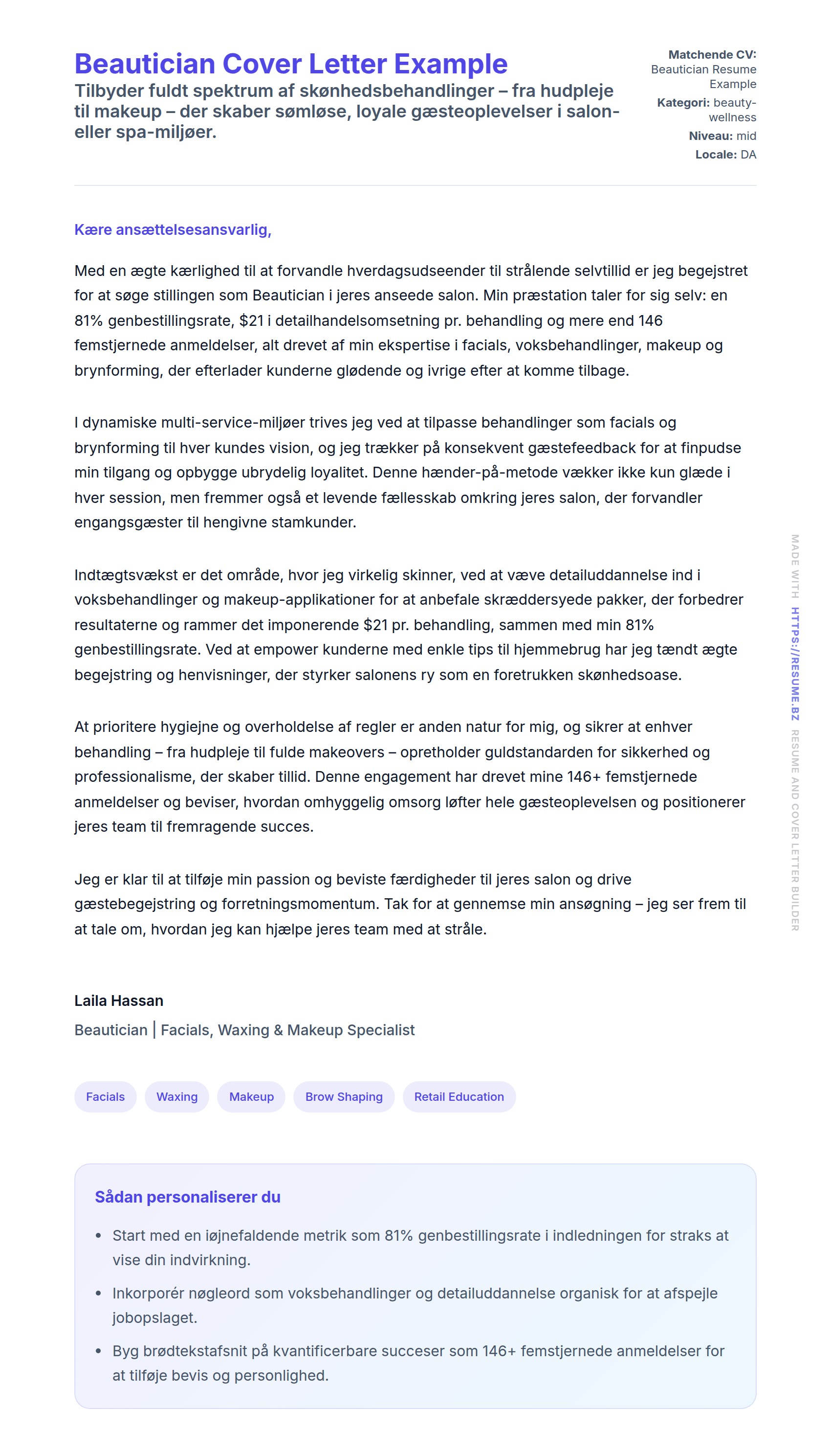 Ansøgningsbrev forhåndsvisning for Beautician Cover Letter Example