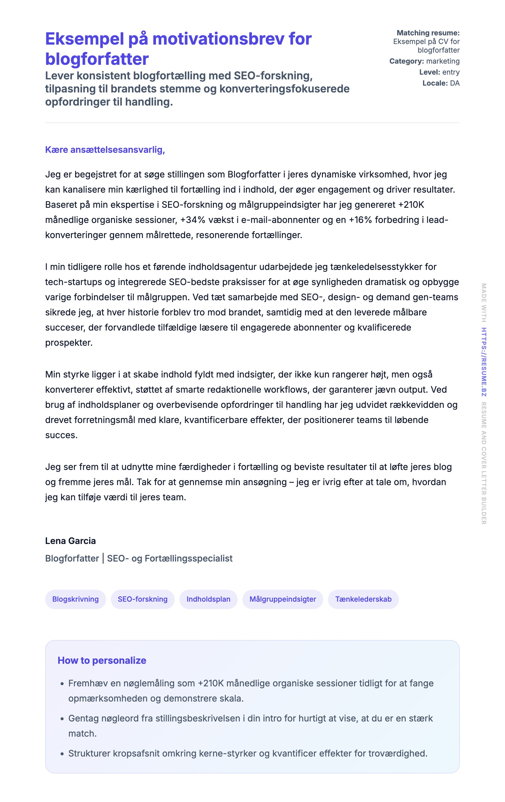 Ansøgningsbrev forhåndsvisning for Eksempel på motivationsbrev for blogforfatter