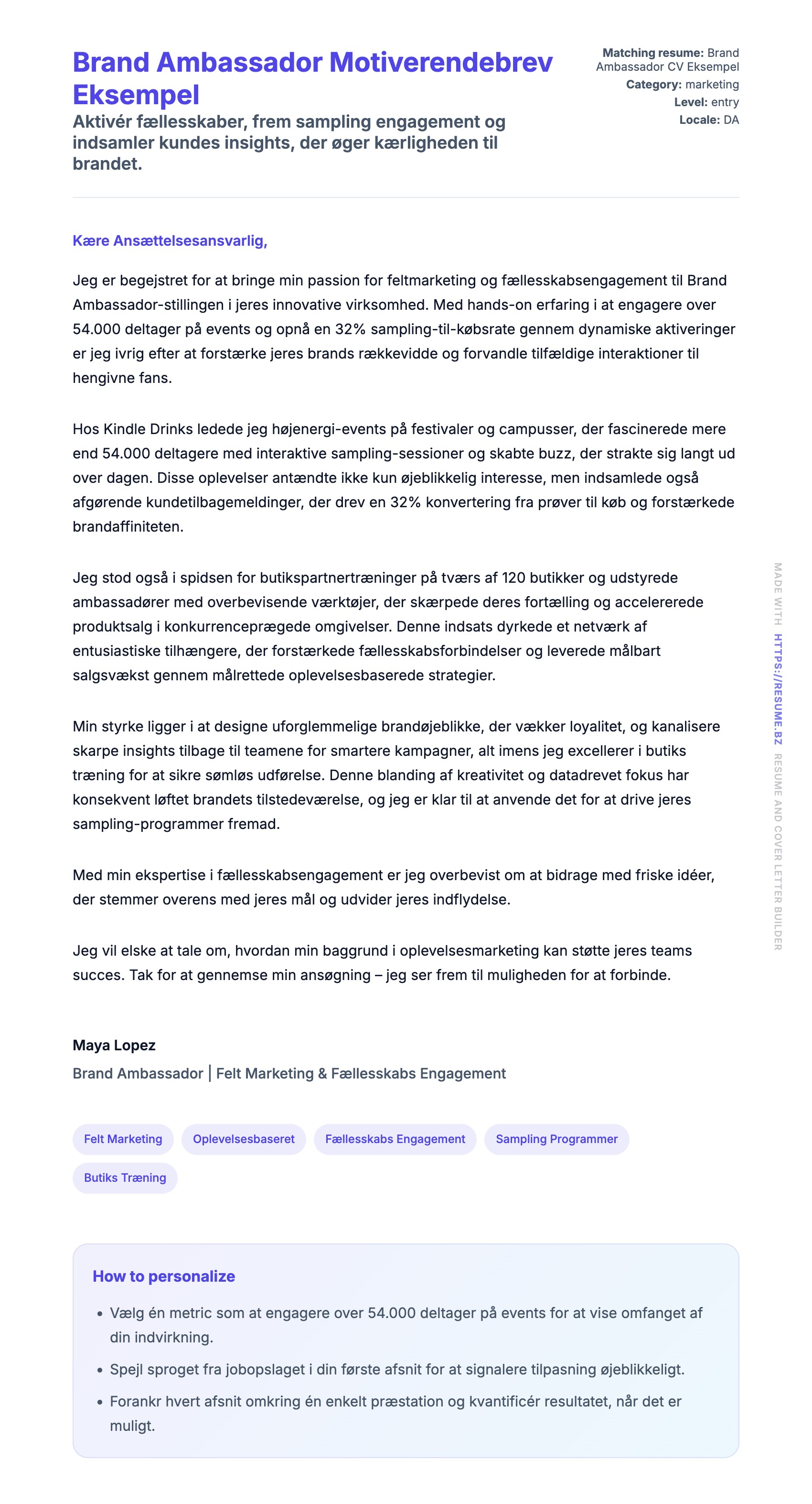 Ansøgningsbrev forhåndsvisning for Brand Ambassador Motiverendebrev Eksempel