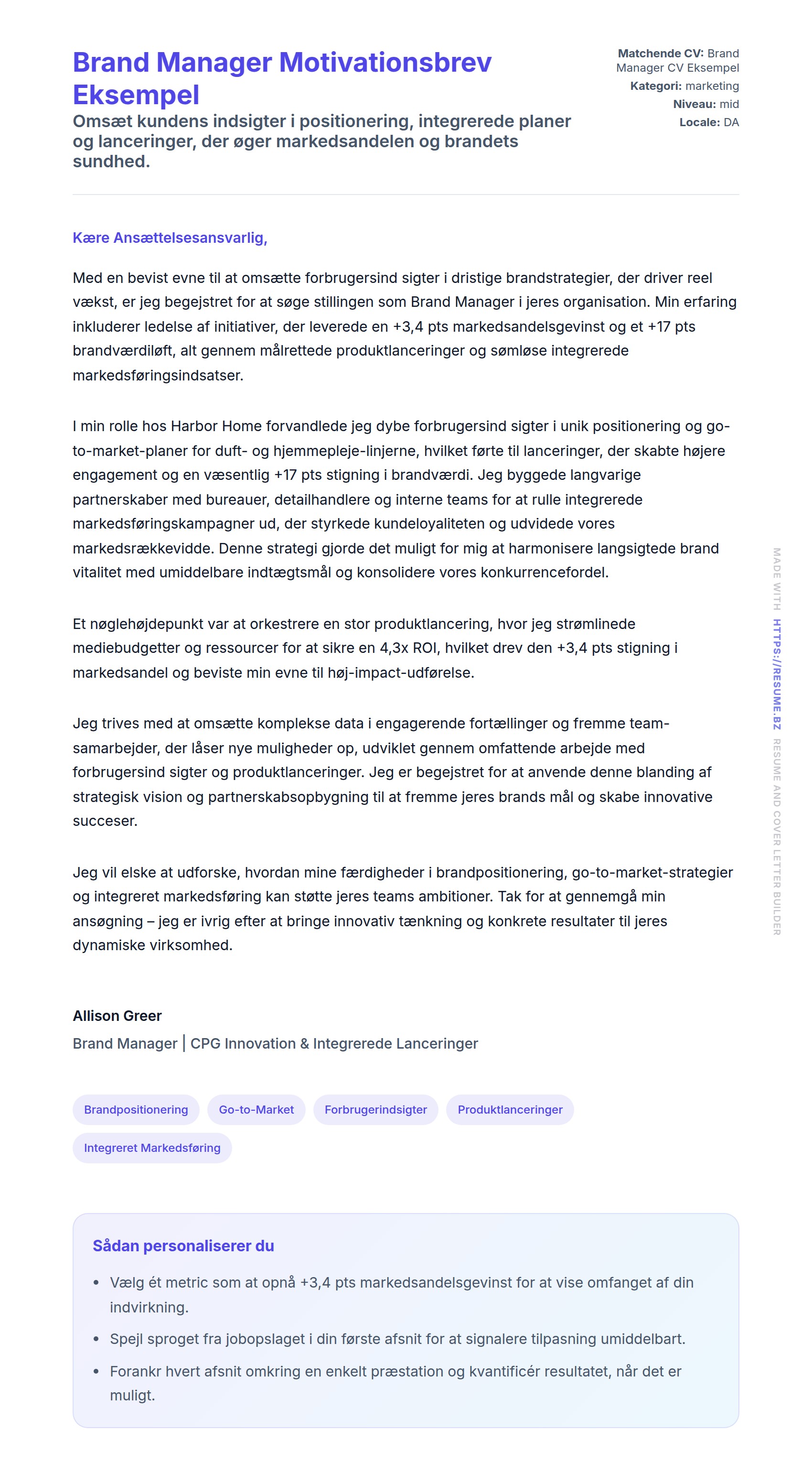 Ansøgningsbrev forhåndsvisning for Brand Manager Motivationsbrev Eksempel