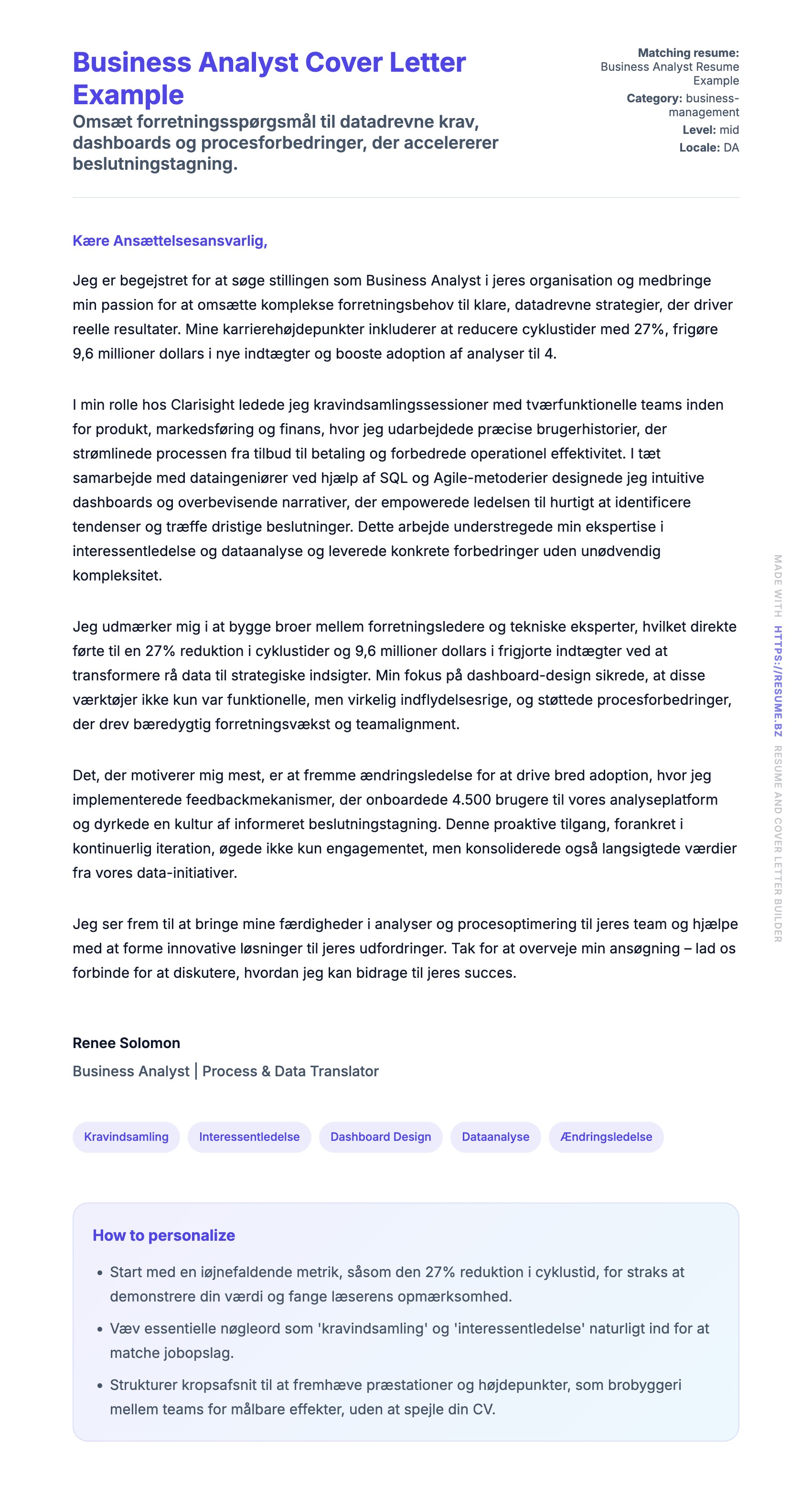 Ansøgningsbrev forhåndsvisning for Business Analyst Cover Letter Example