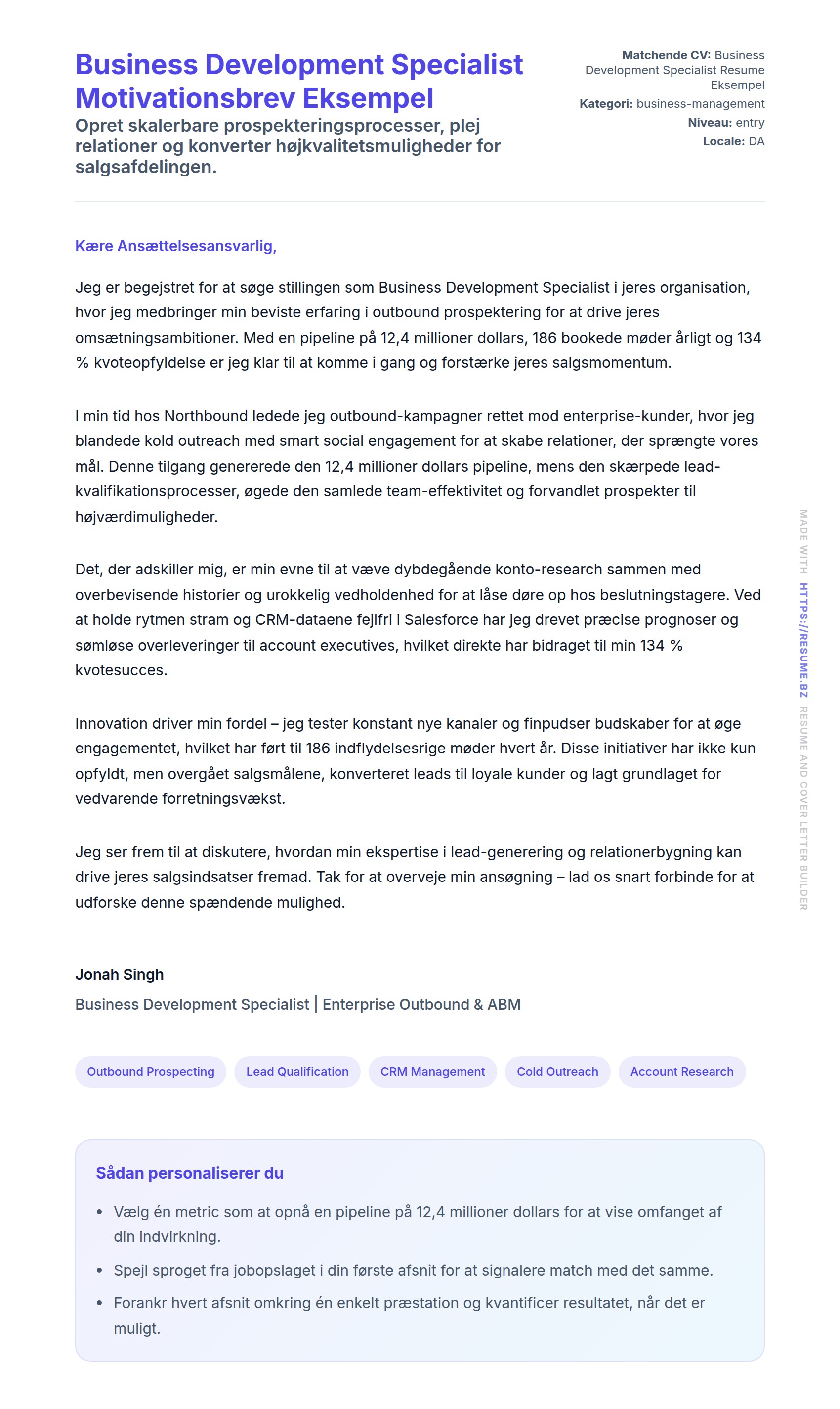 Ansøgningsbrev forhåndsvisning for Business Development Specialist Motivationsbrev Eksempel