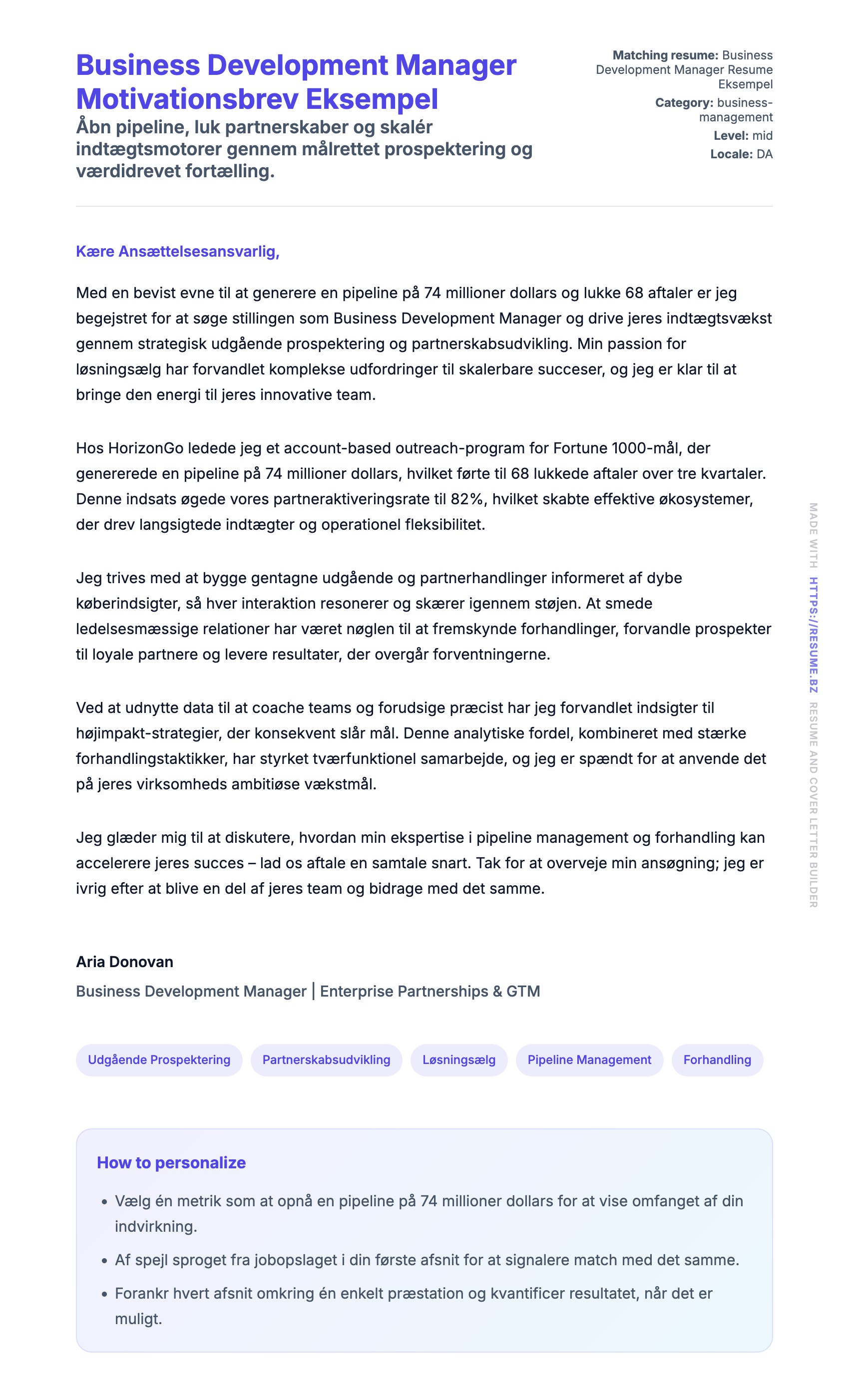 Ansøgningsbrev forhåndsvisning for Business Development Manager Motivationsbrev Eksempel