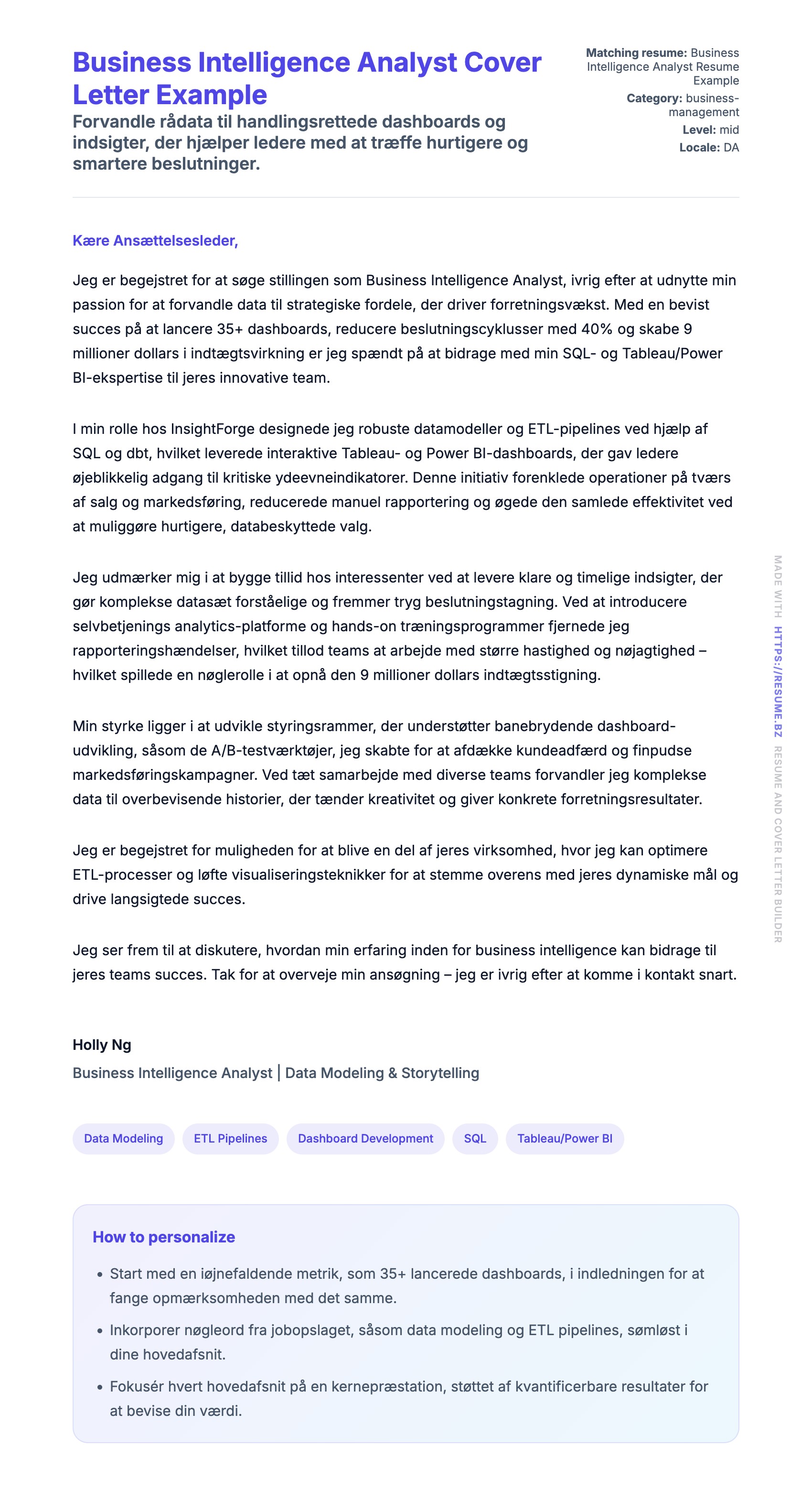 Ansøgningsbrev forhåndsvisning for Business Intelligence Analyst Cover Letter Example