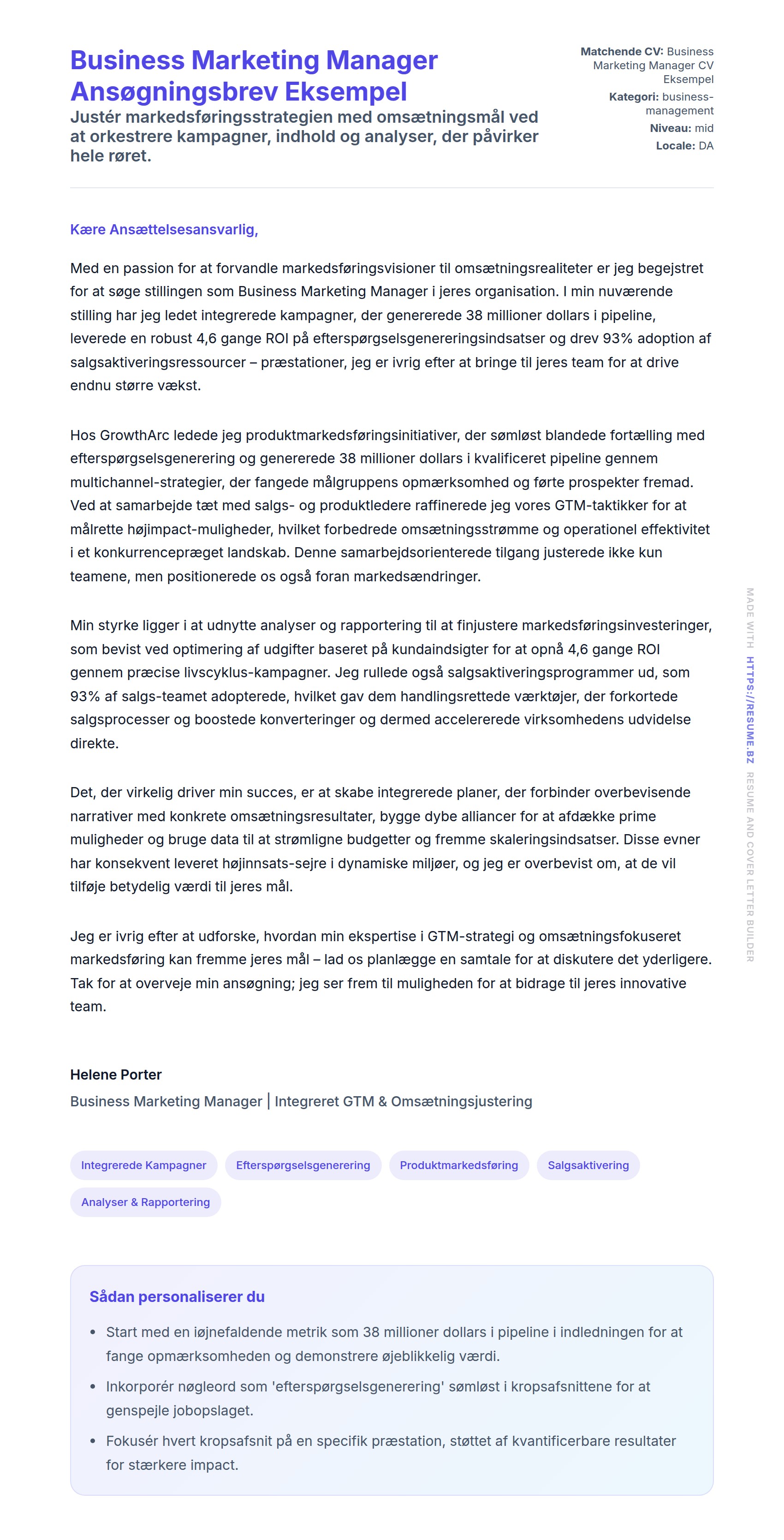 Ansøgningsbrev forhåndsvisning for Business Marketing Manager Ansøgningsbrev Eksempel