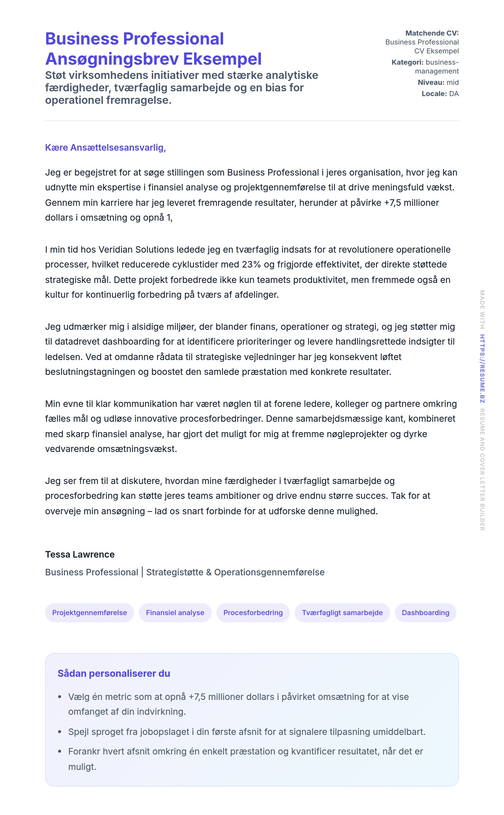 Ansøgningsbrev forhåndsvisning for Business Professional Ansøgningsbrev Eksempel