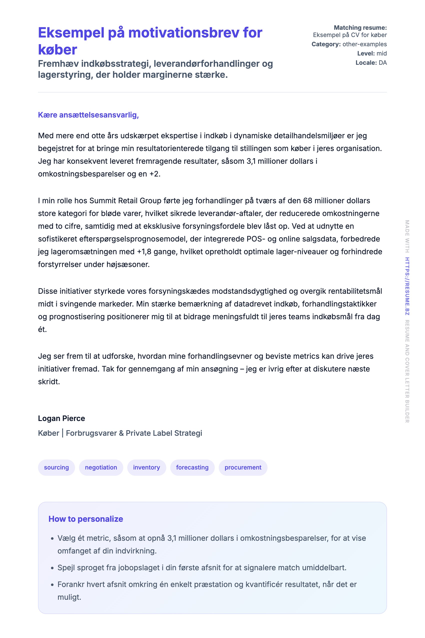 Ansøgningsbrev forhåndsvisning for Eksempel på motivationsbrev for køber