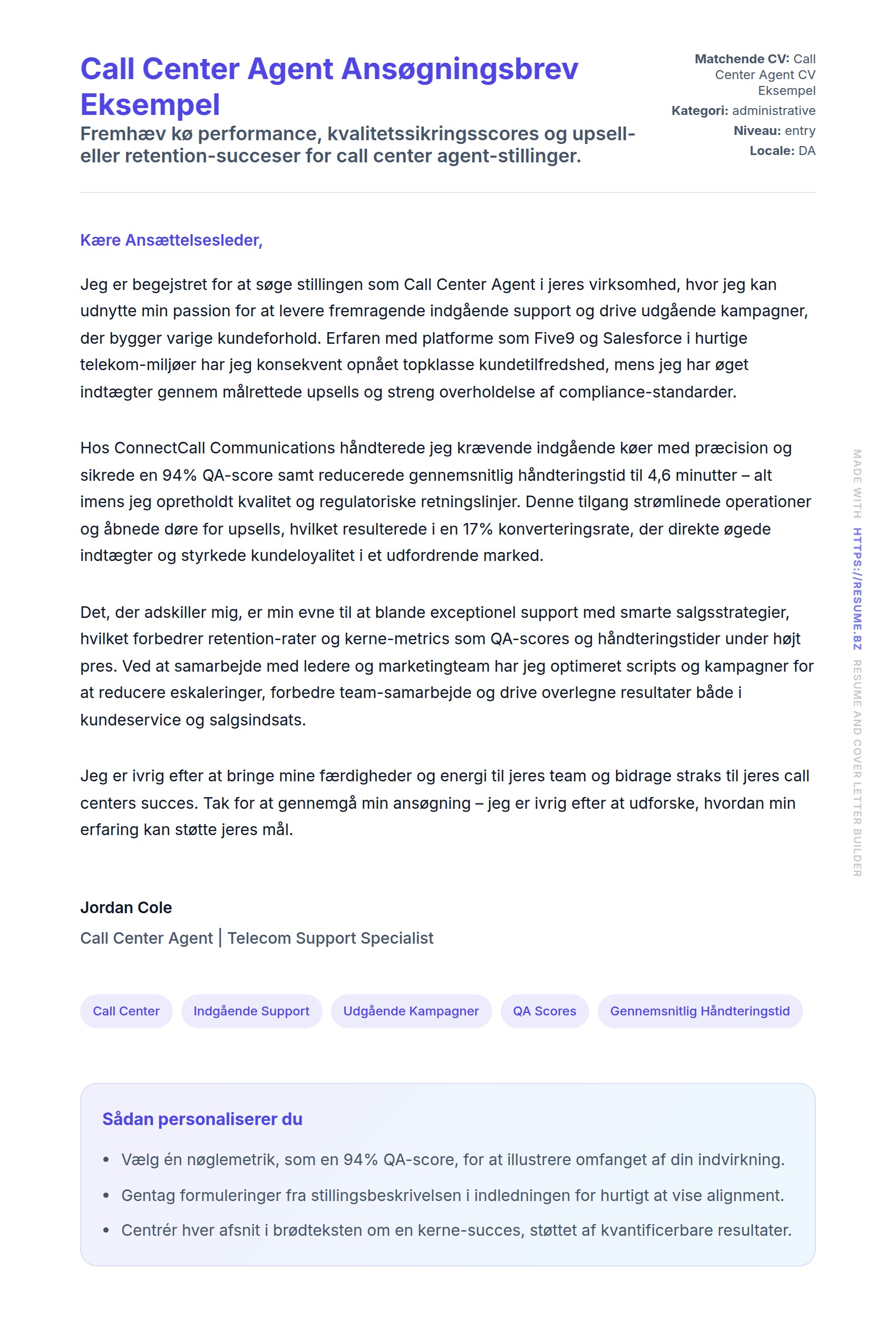 Call Center Agent Ansøgningsbrev Eksempel