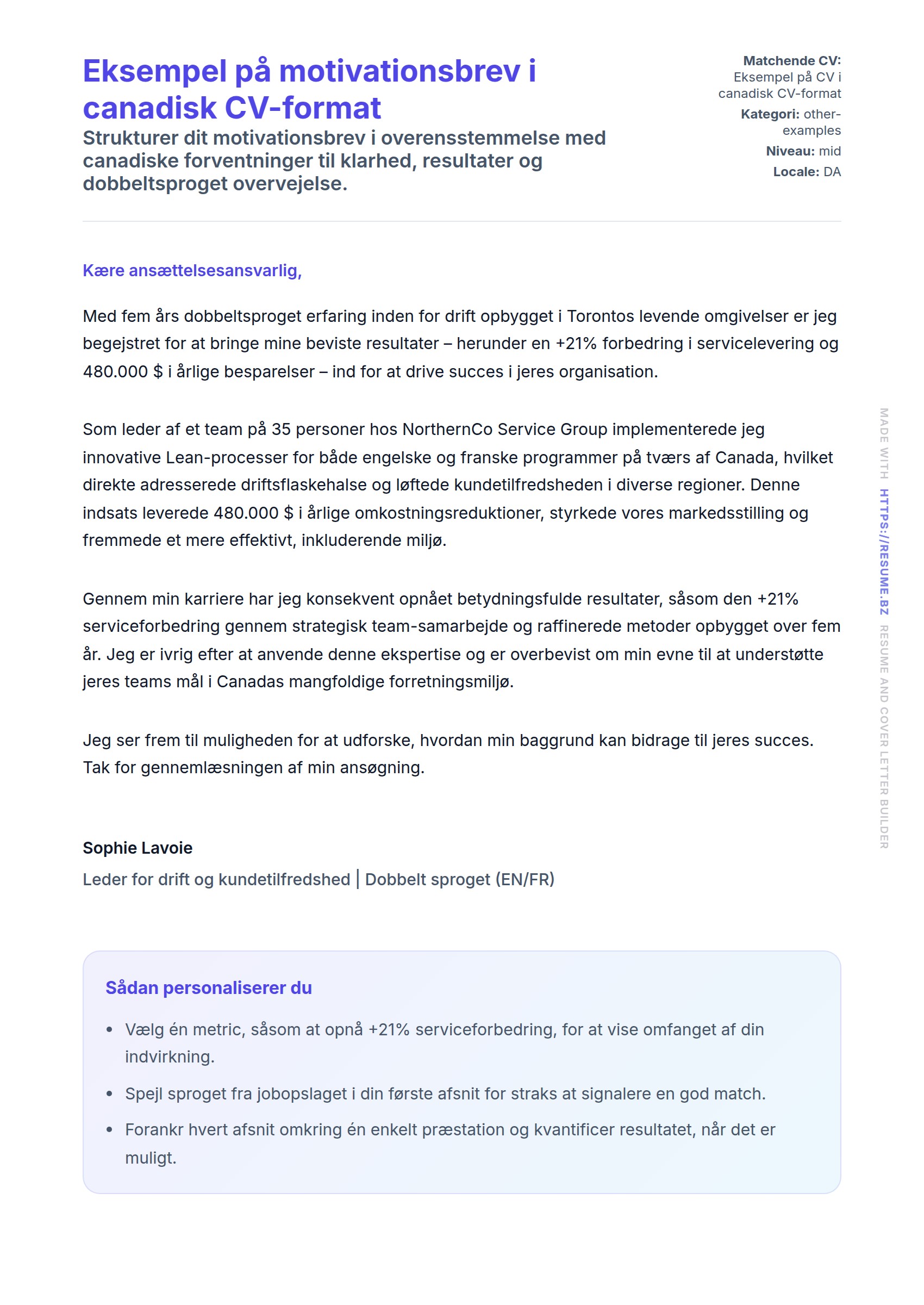 Ansøgningsbrev forhåndsvisning for Eksempel på motivationsbrev i canadisk CV-format