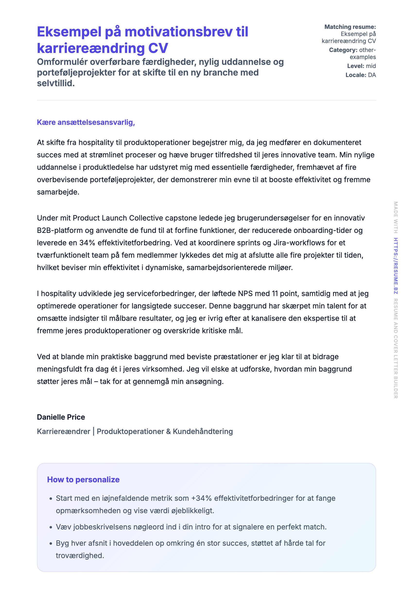 Ansøgningsbrev forhåndsvisning for Eksempel på motivationsbrev til karriereændring CV