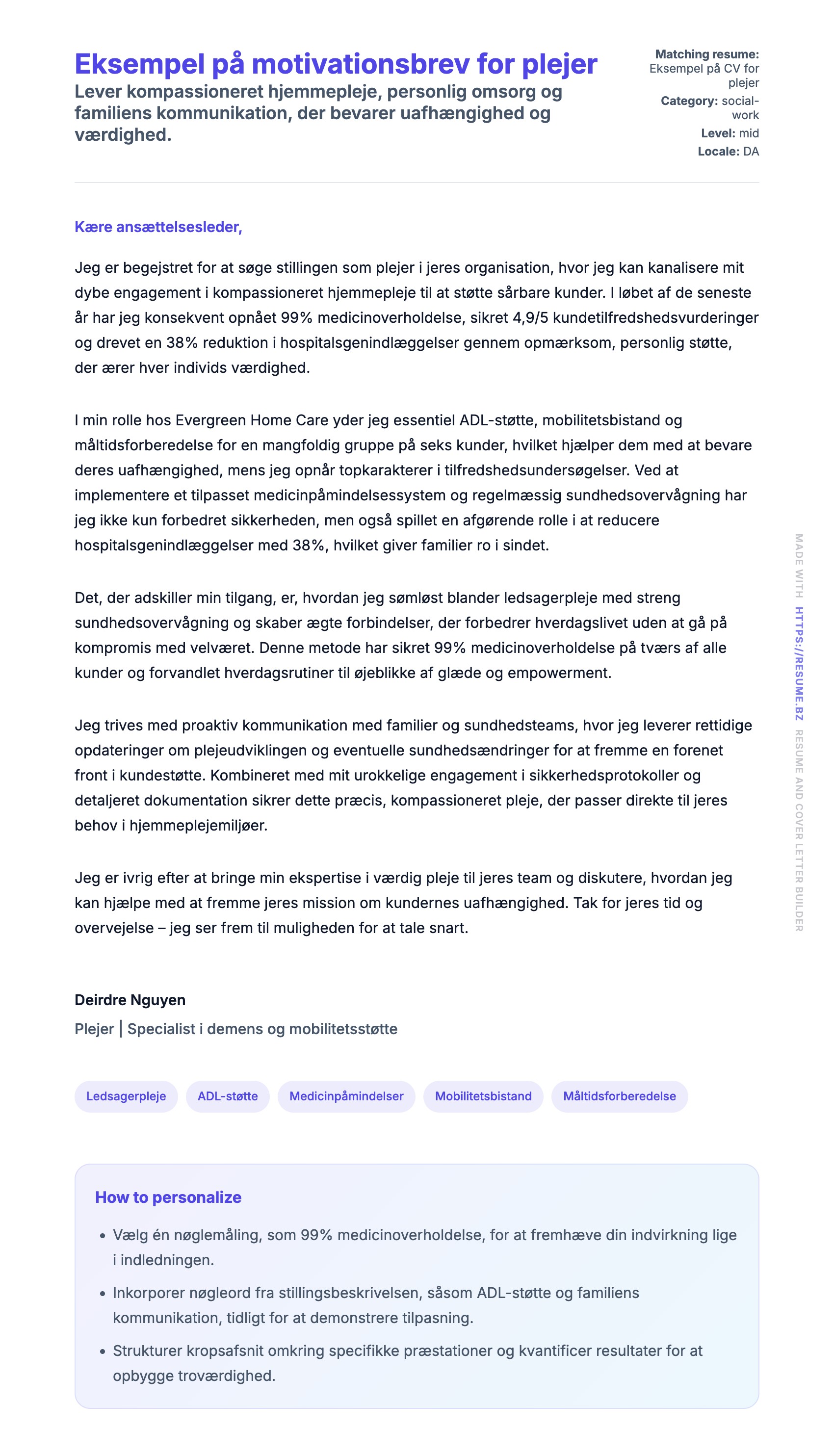 Ansøgningsbrev forhåndsvisning for Eksempel på motivationsbrev for plejer