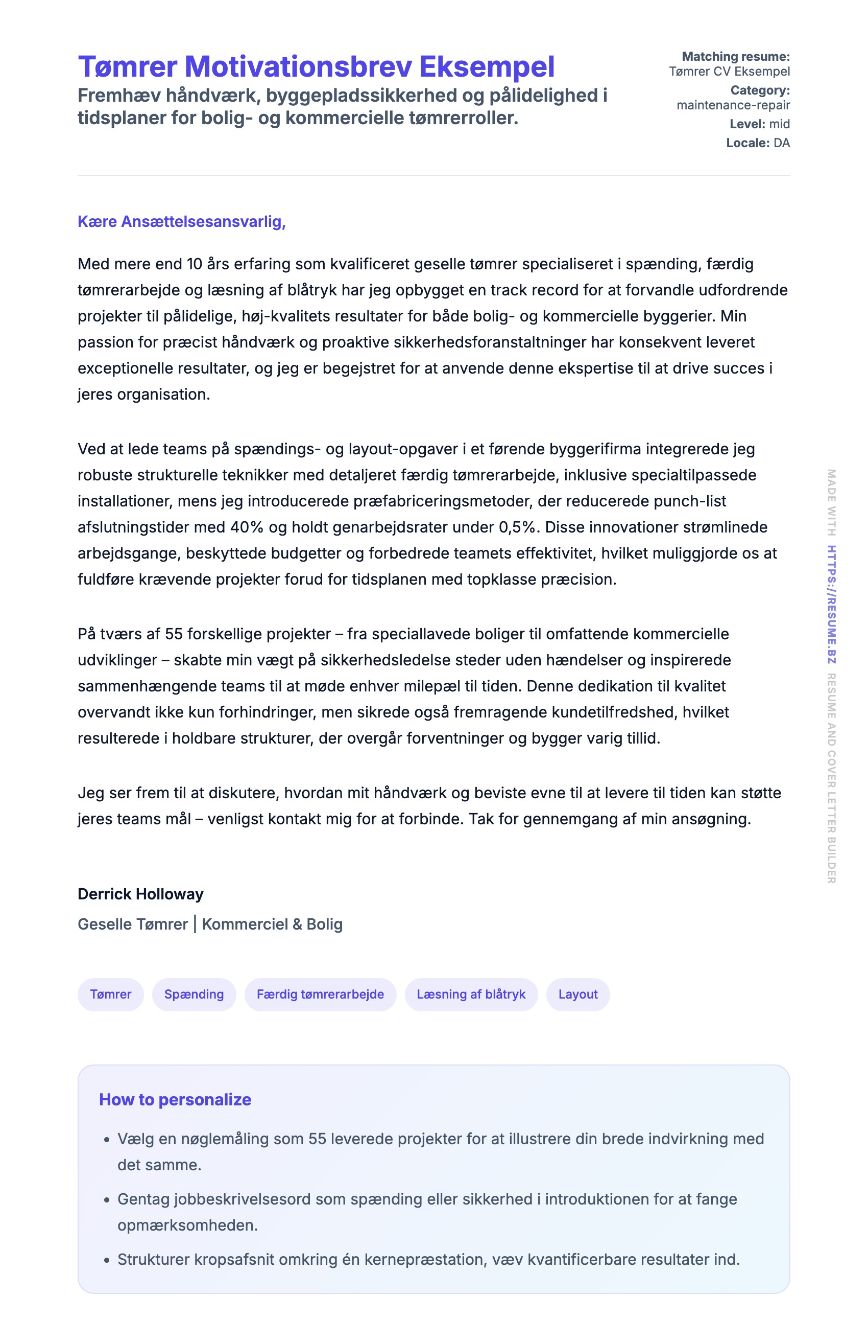 Ansøgningsbrev forhåndsvisning for Tømrer Motivationsbrev Eksempel