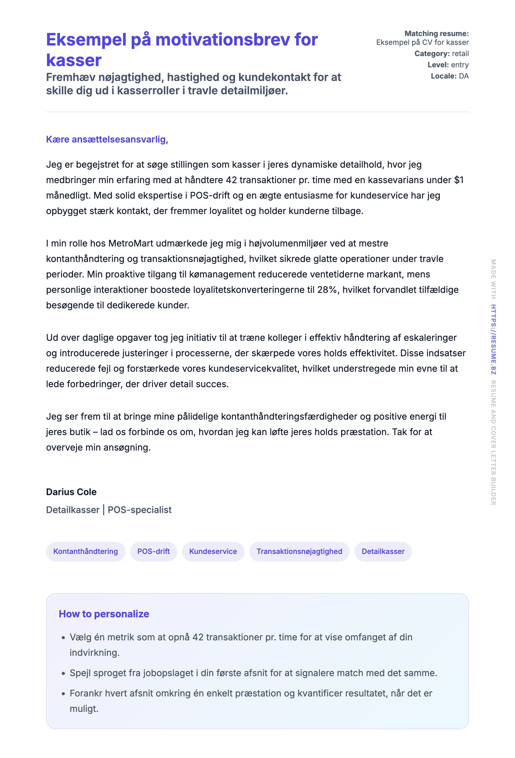 Ansøgningsbrev forhåndsvisning for Eksempel på motivationsbrev for kasser