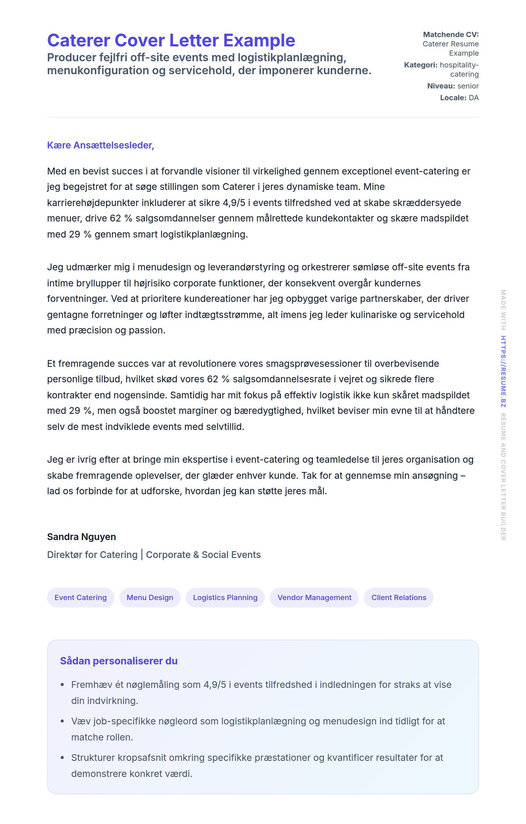 Ansøgningsbrev forhåndsvisning for Caterer Cover Letter Example