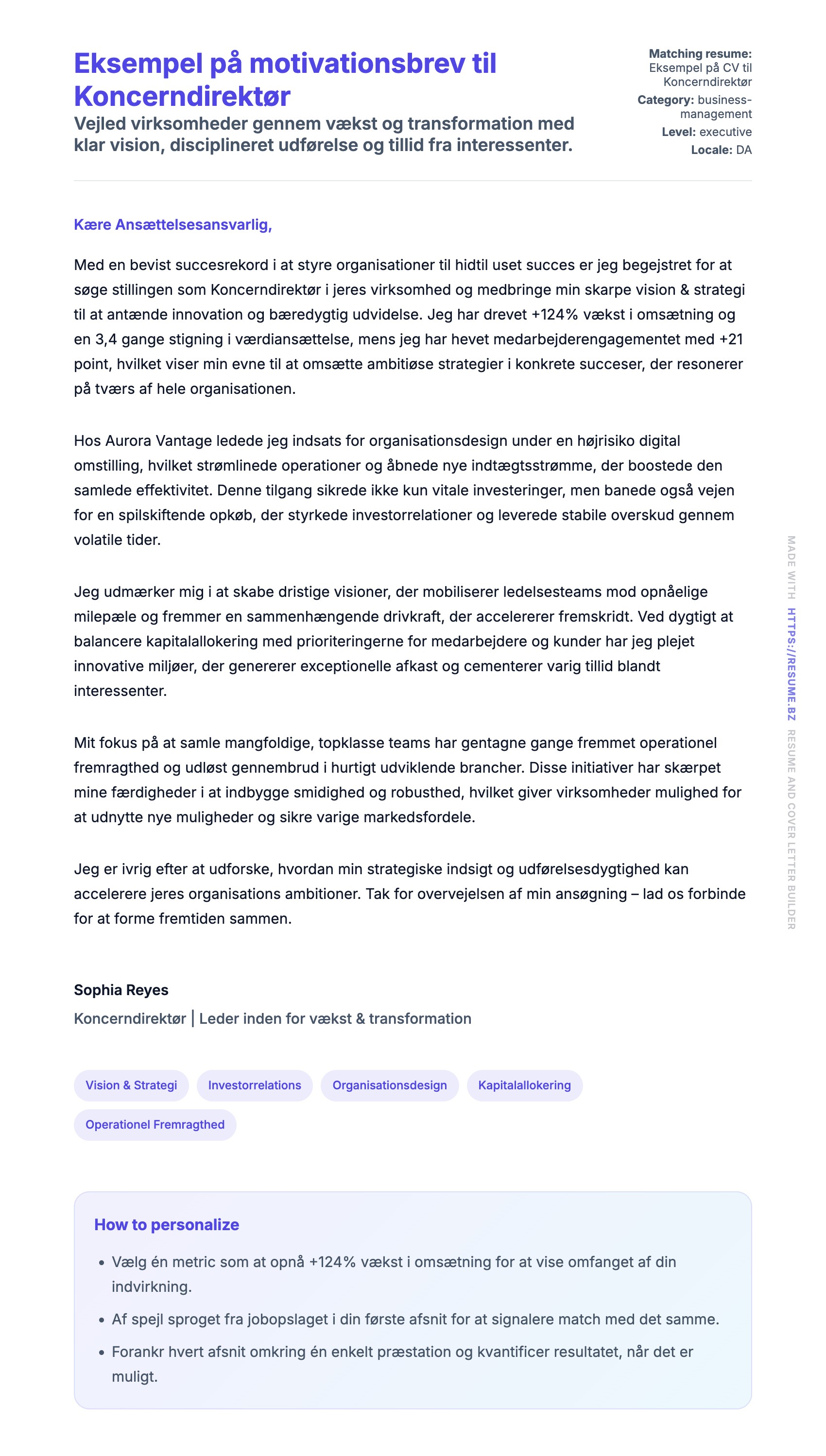 Ansøgningsbrev forhåndsvisning for Eksempel på motivationsbrev til Koncerndirektør