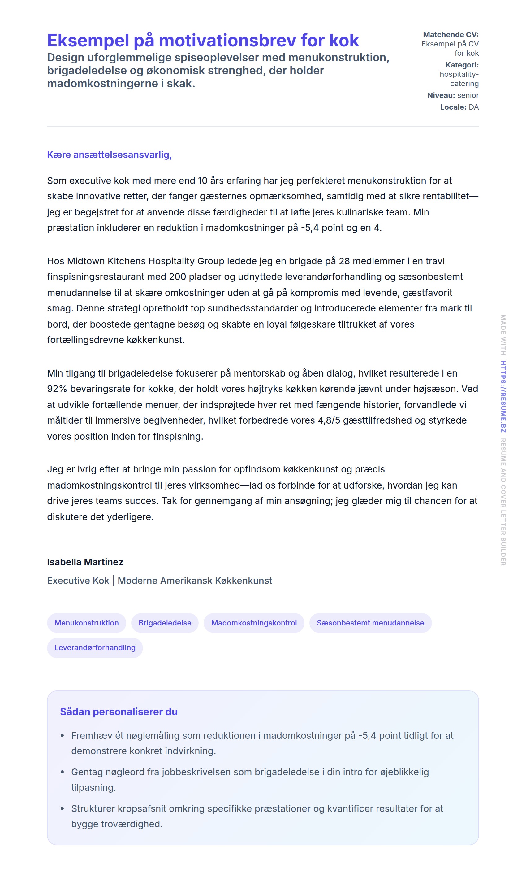 Ansøgningsbrev forhåndsvisning for Eksempel på motivationsbrev for kok