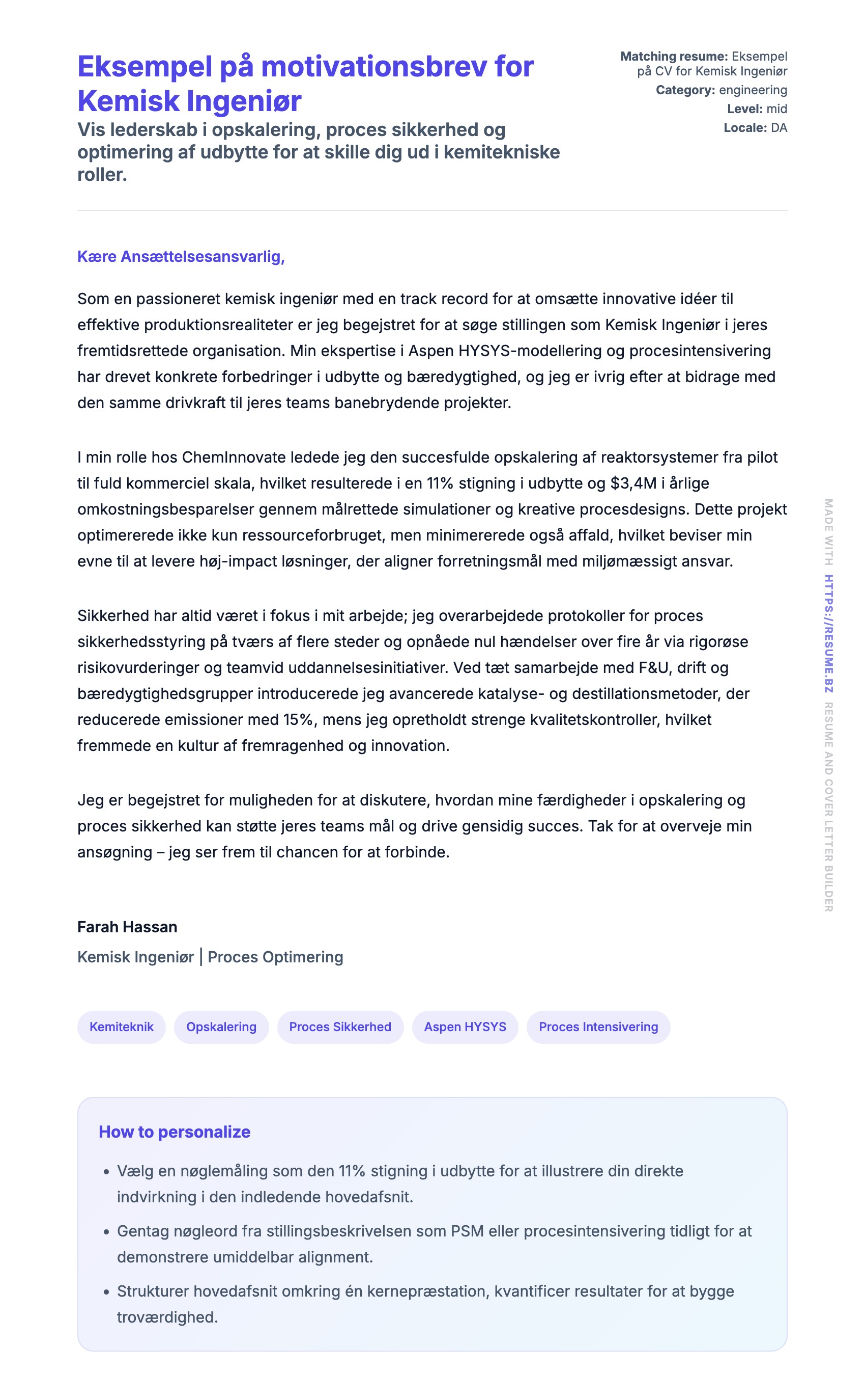 Ansøgningsbrev forhåndsvisning for Eksempel på motivationsbrev for Kemisk Ingeniør