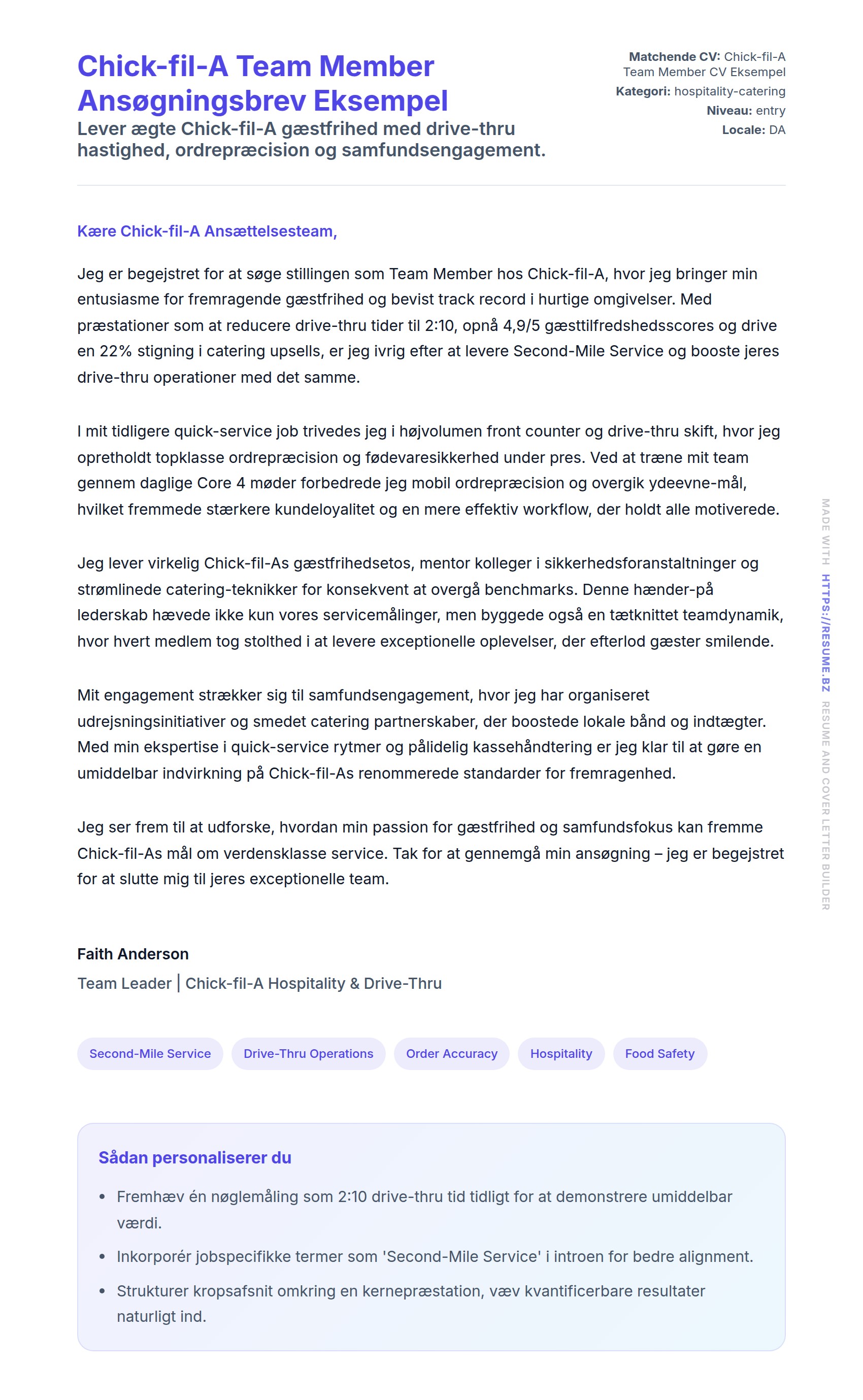 Ansøgningsbrev forhåndsvisning for Chick-fil-A Team Member Ansøgningsbrev Eksempel