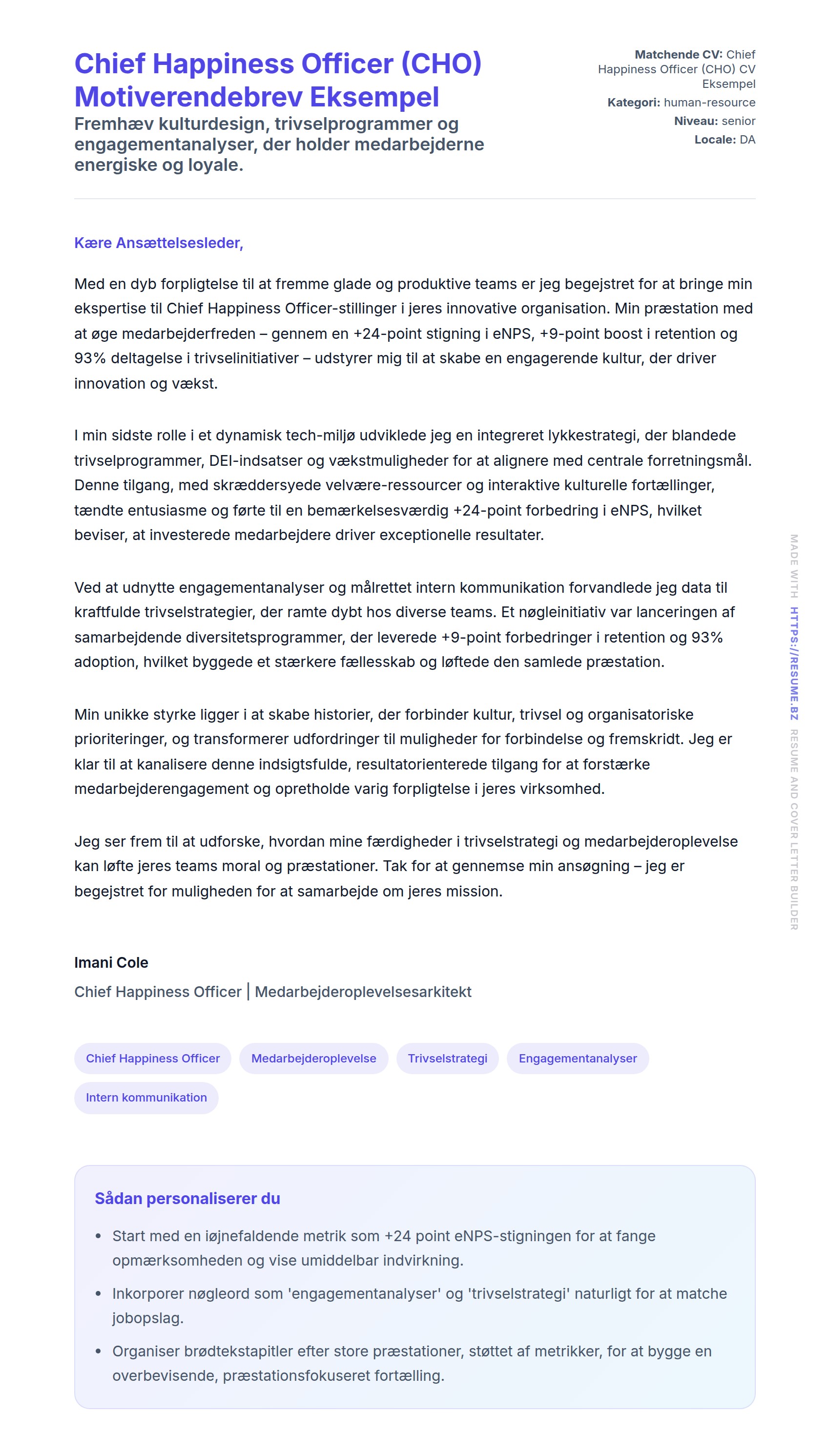 Chief Happiness Officer (CHO) Motiverendebrev Eksempel
