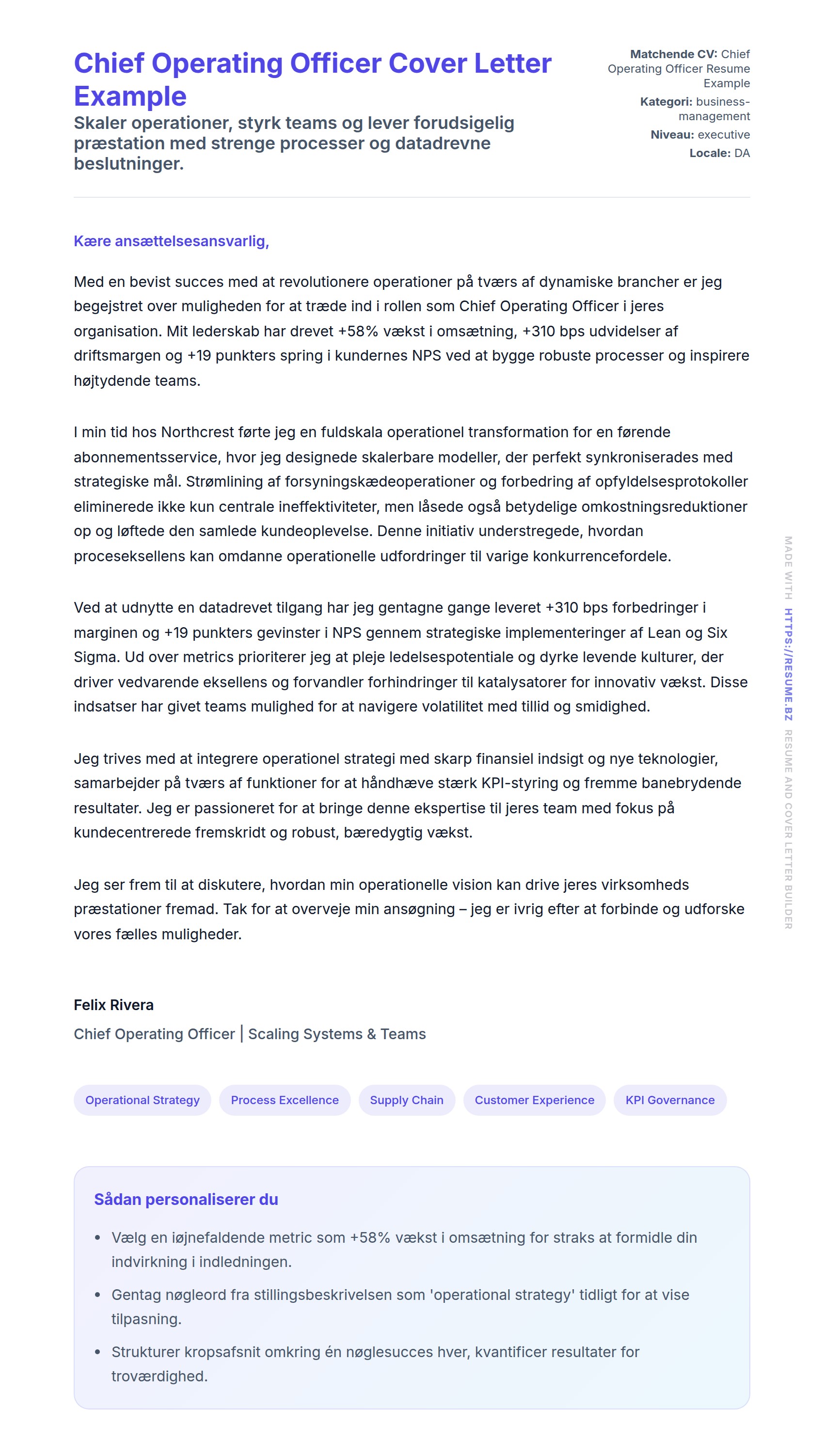 Ansøgningsbrev forhåndsvisning for Chief Operating Officer Cover Letter Example